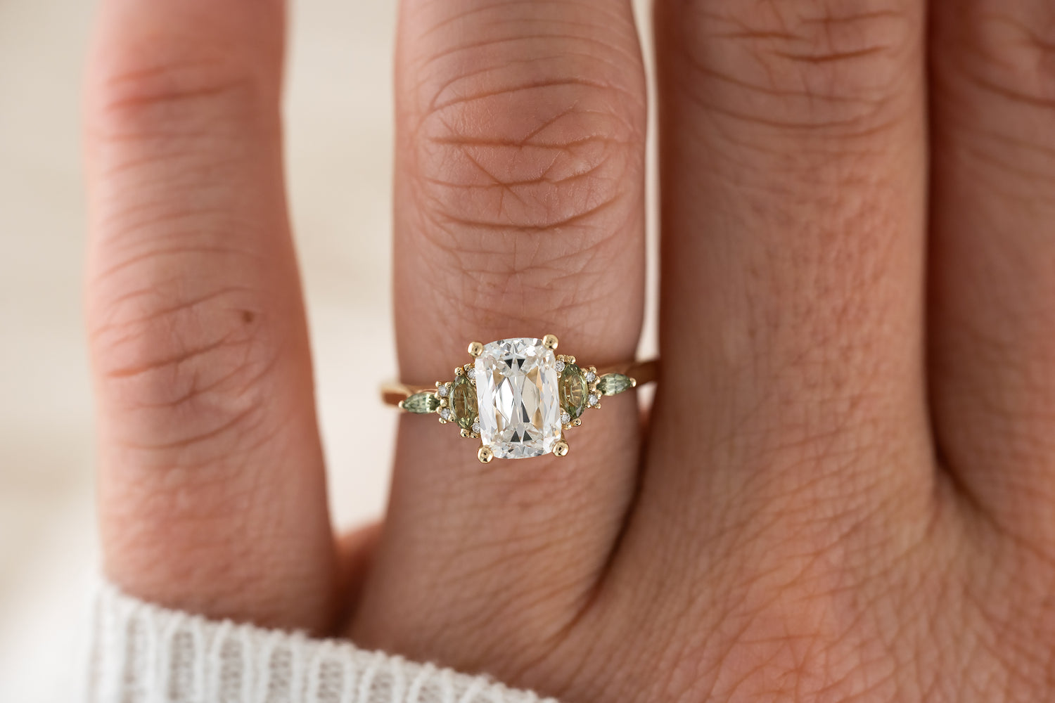 The Maeve Ring | 1.62 CT Antique Cushion Diamond + Green Sapphire - Lavender Creek Gems