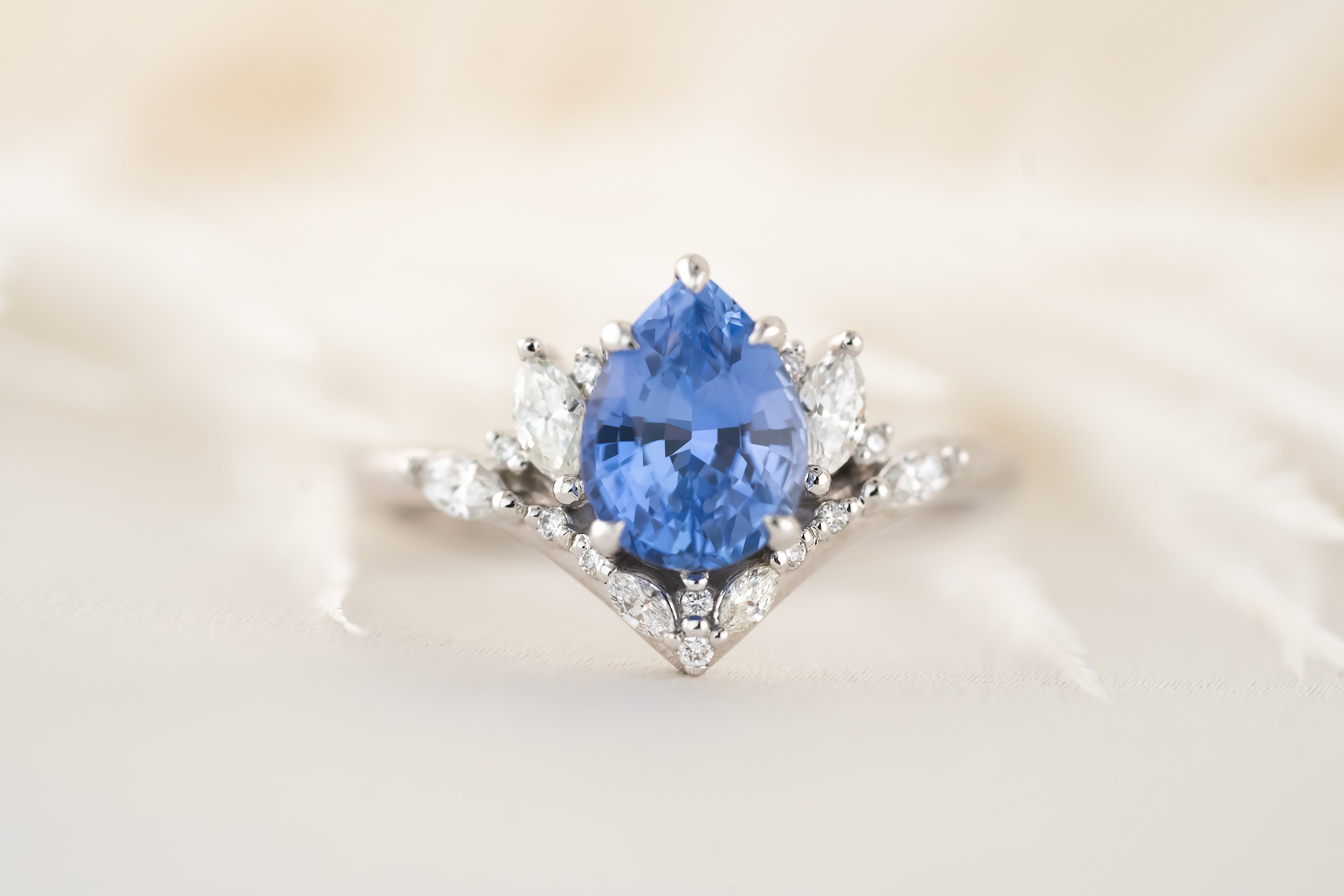 The Aurora Ring - 2 CT Pear Cornflower Blue Sapphire - Lavender Creek Gems