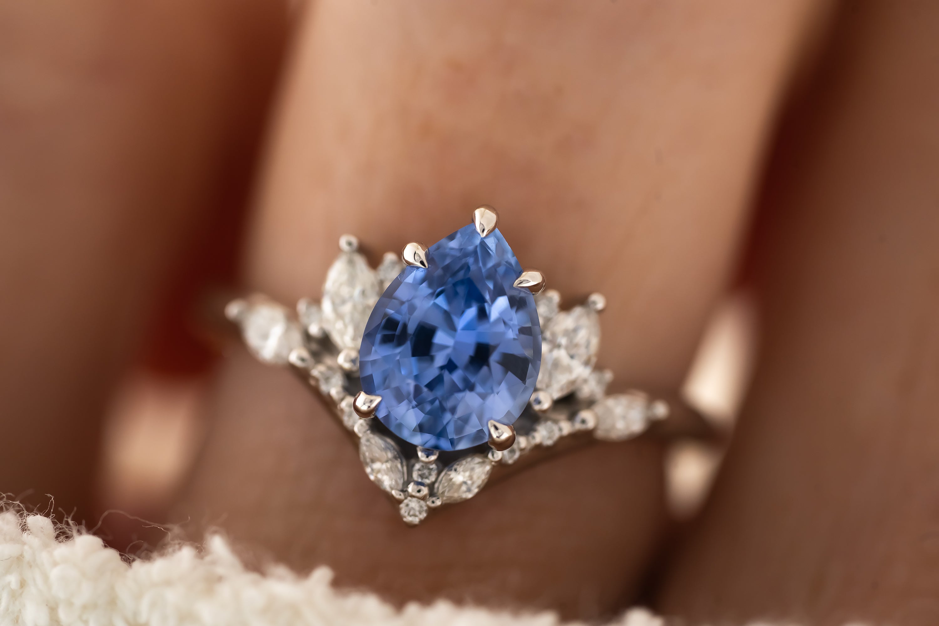 The Aurora Ring - 2 CT Pear Cornflower Blue Sapphire - Lavender Creek Gems