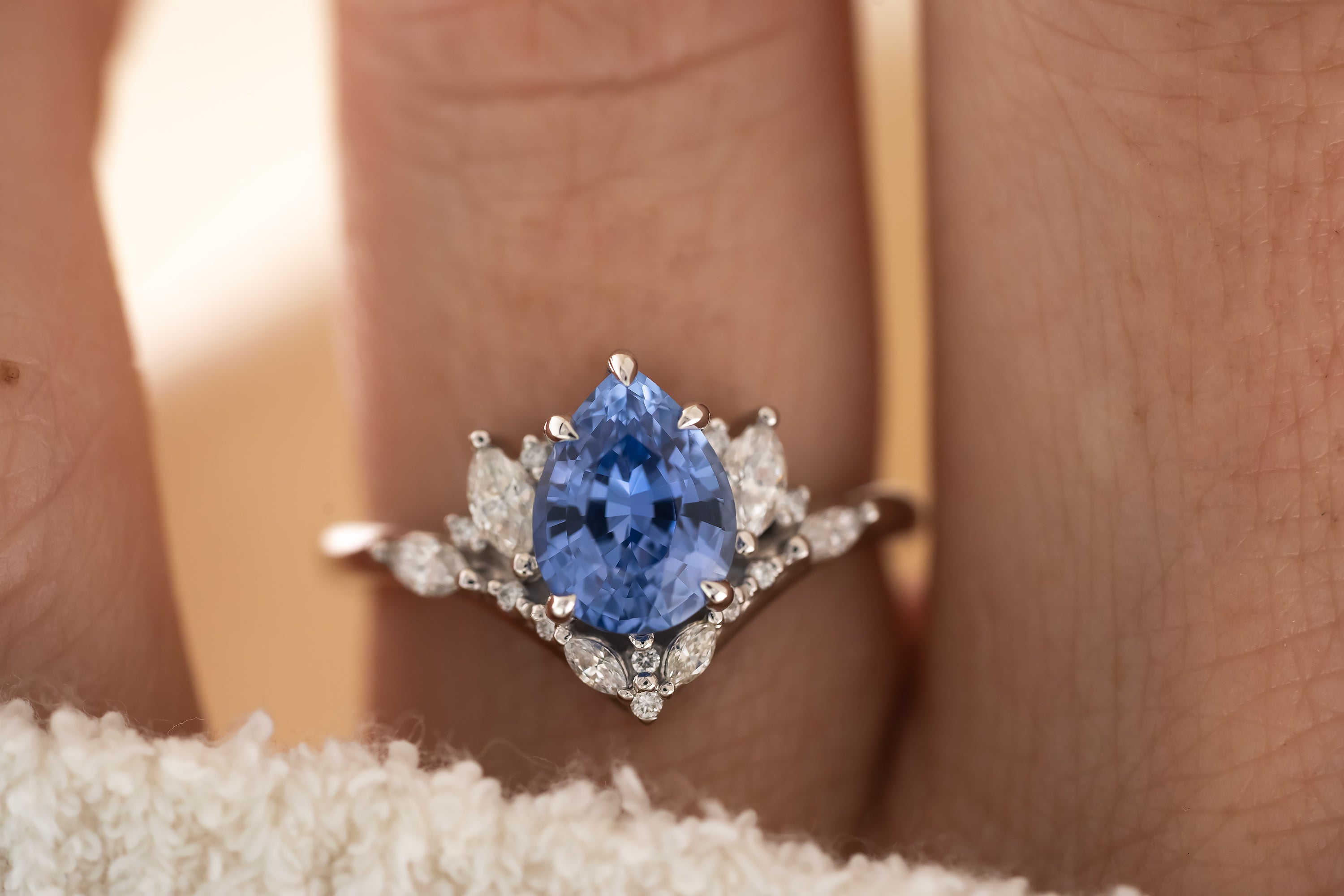 The Aurora Ring - 2 CT Pear Cornflower Blue Sapphire - Lavender Creek Gems