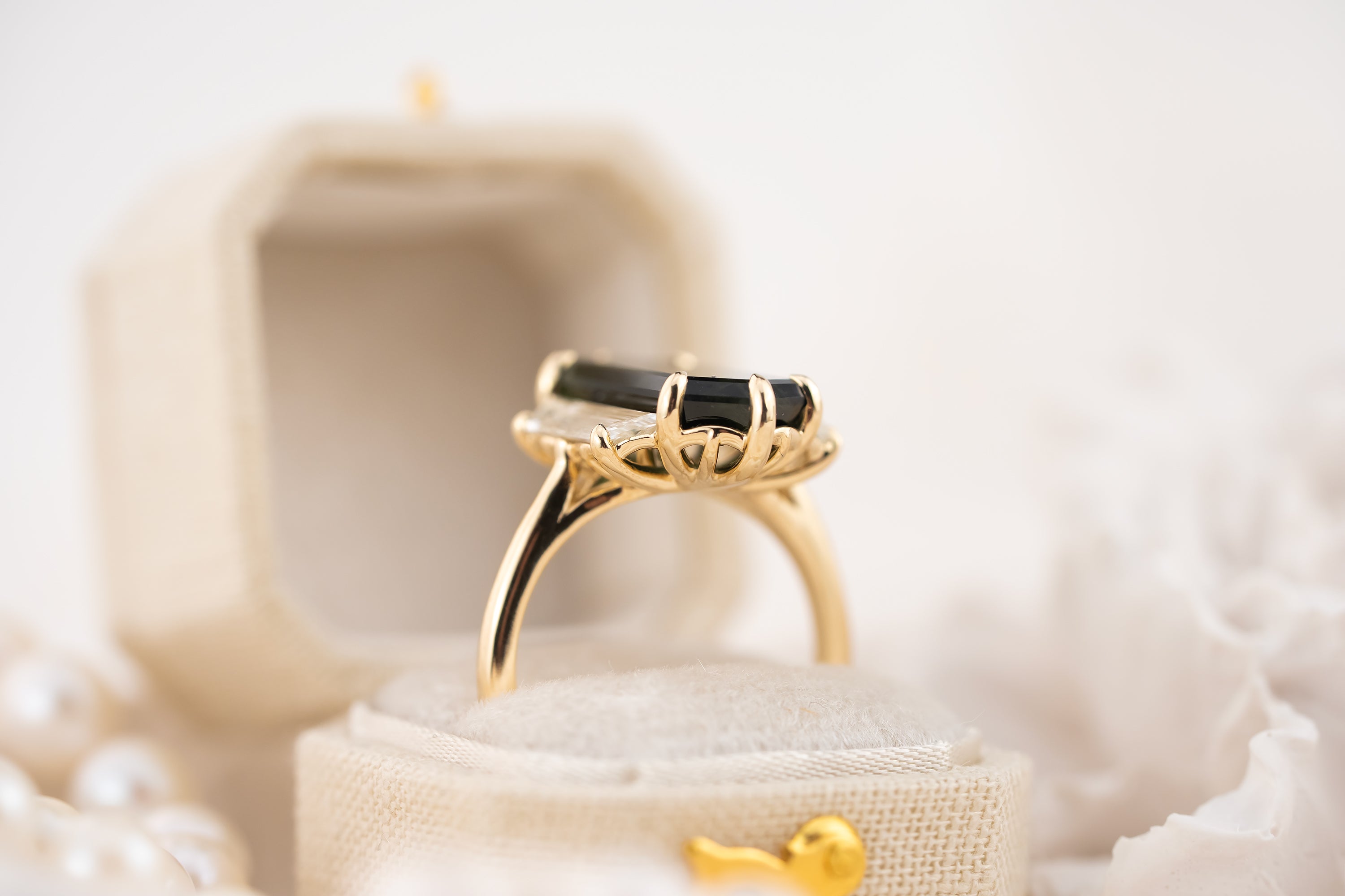 The Tria Ring | 5.52 CT Elongated Hexagon Starbrite™ Green Australian Sapphire - Lavender Creek Gems