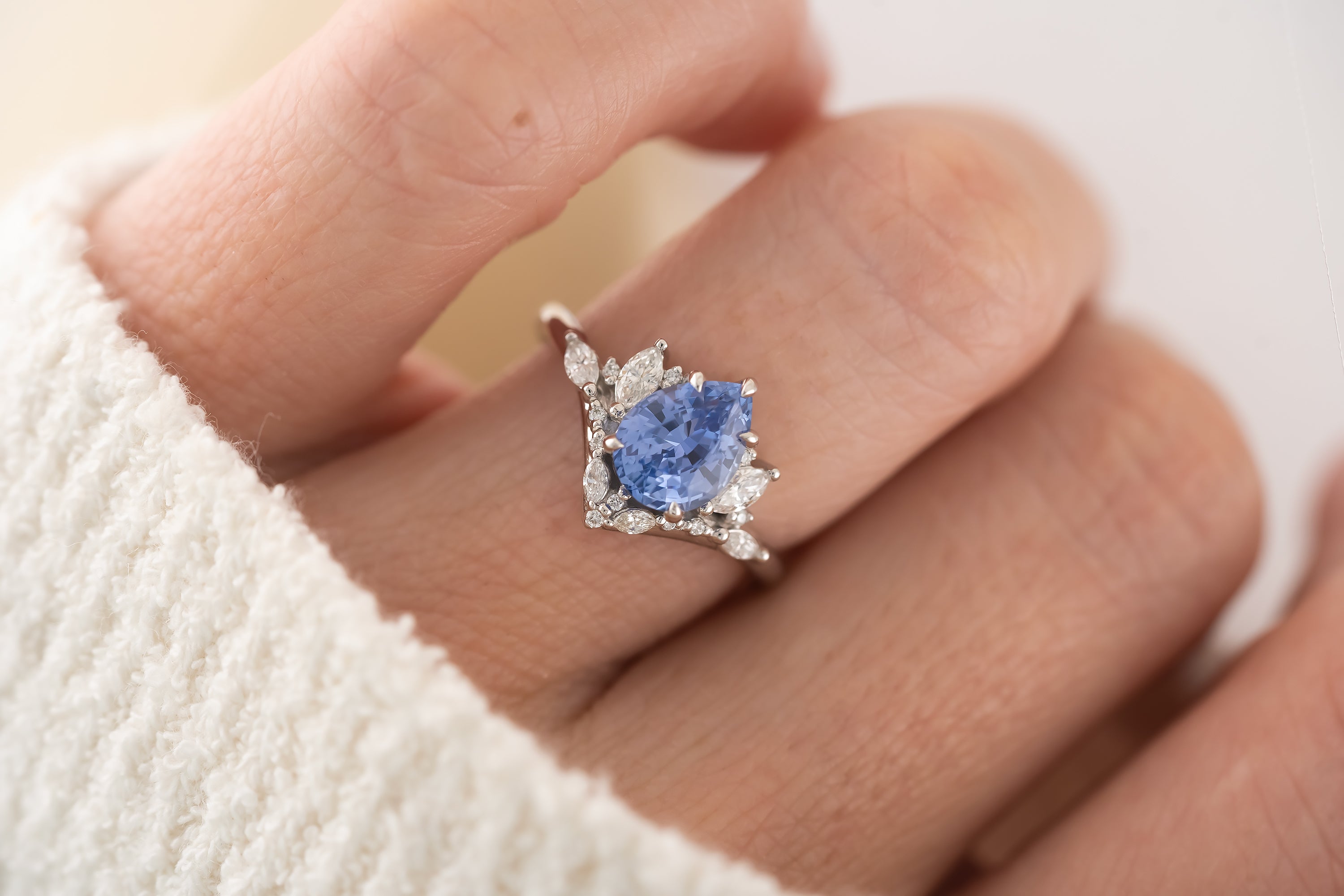 The Aurora Ring - 2 CT Pear Cornflower Blue Sapphire - Lavender Creek Gems