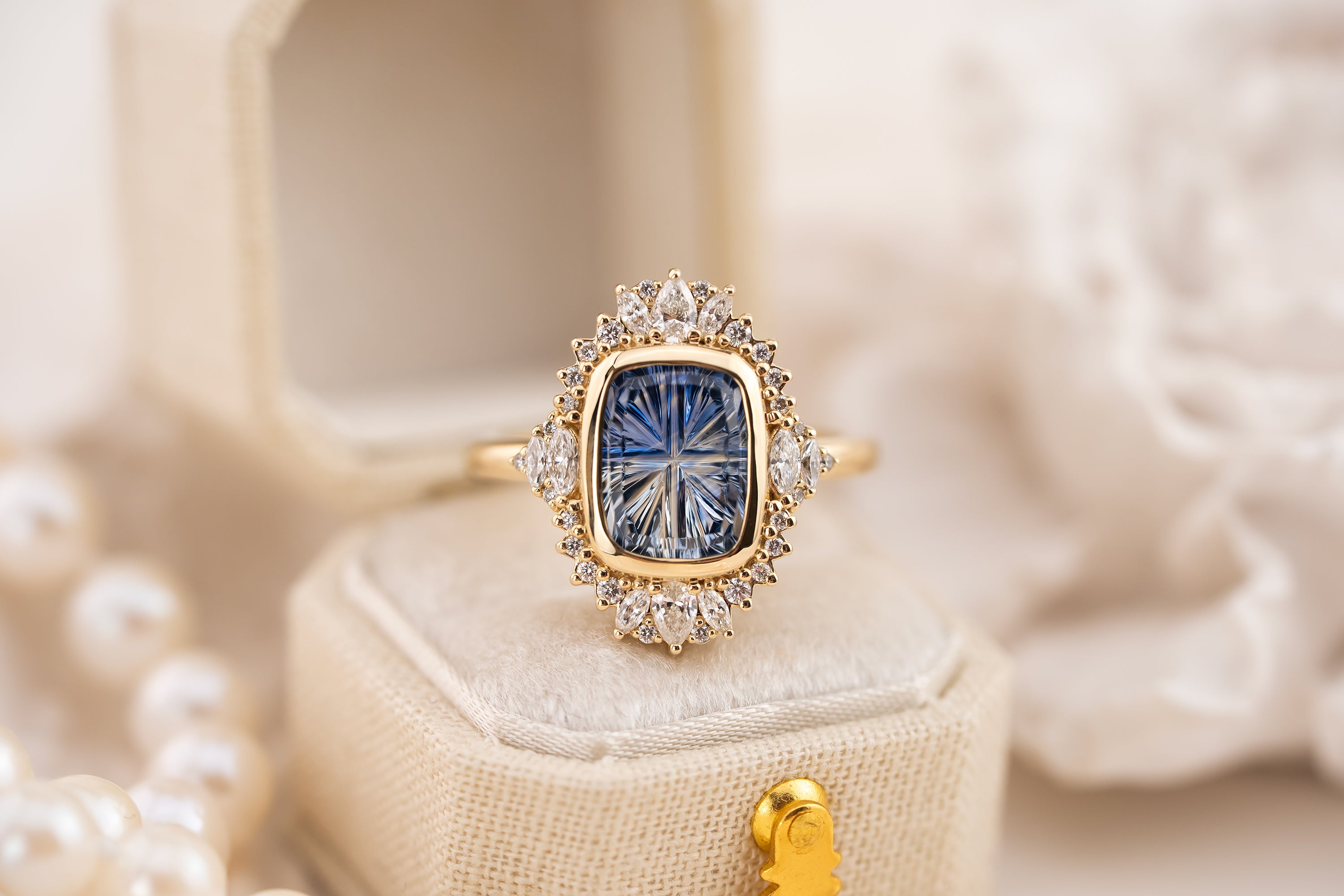 The Ethereal Ring | 3.82 Elongated Cushion Starbrite™ Bicolor Blue Sapphire - Lavender Creek Gems