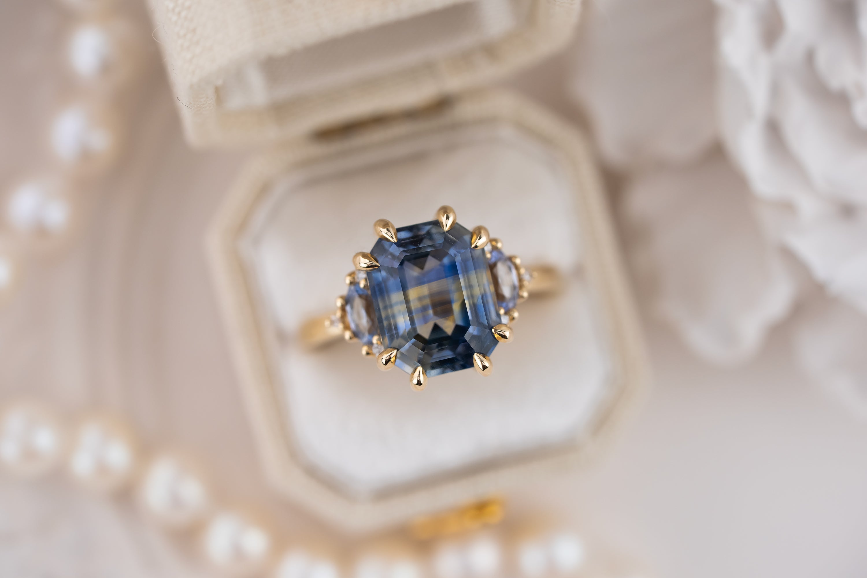 The Low Maren Ring | 6.21 CT Emerald Cut Bicolor Blue Sapphire - Lavender Creek Gems