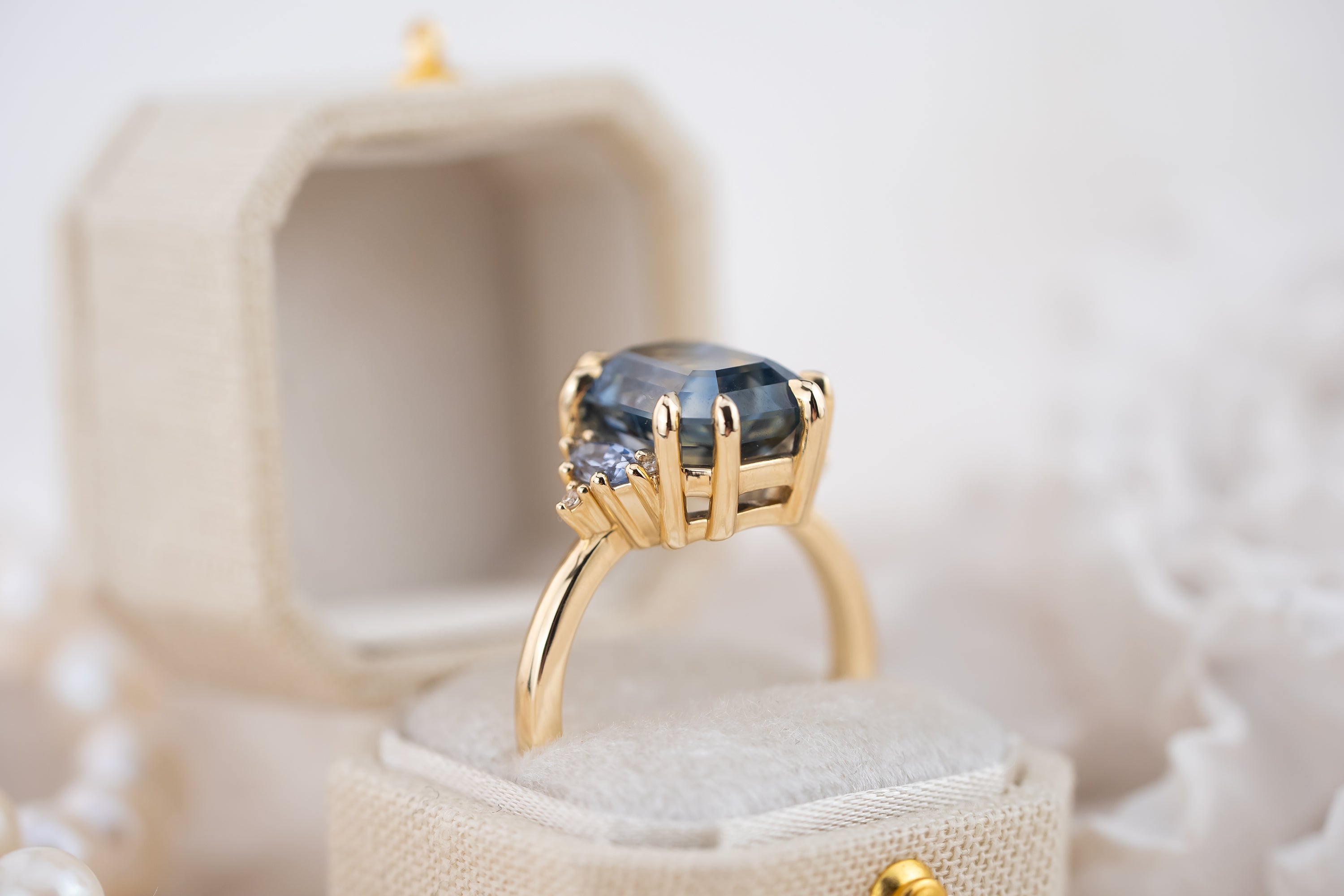 The Low Maren Ring | 6.21 CT Emerald Cut Bicolor Blue Sapphire - Lavender Creek Gems