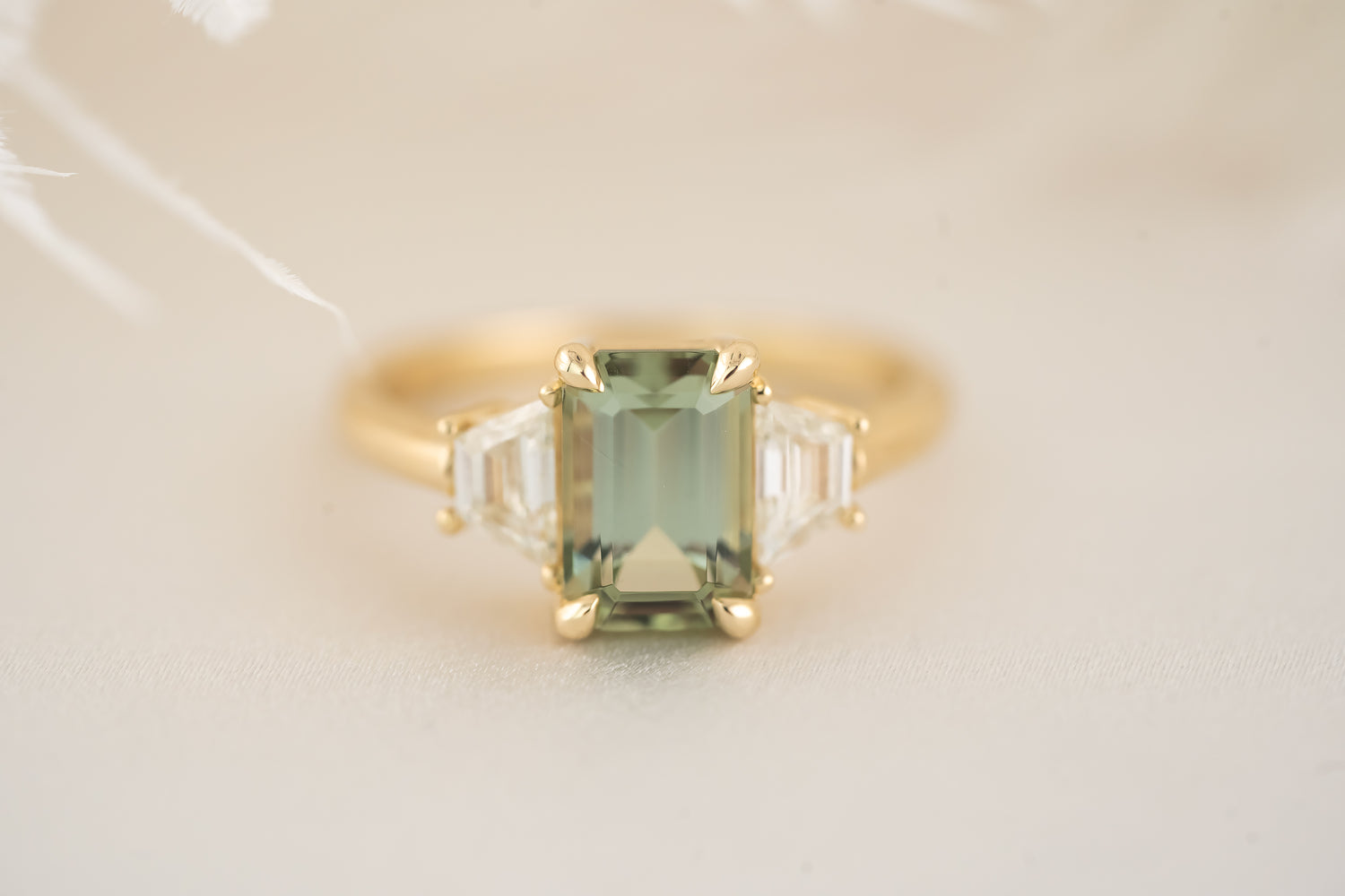 The Tría Ring - 2.1 CT Sage Green Emerald Cut Tourmaline - Lavender Creek Gems