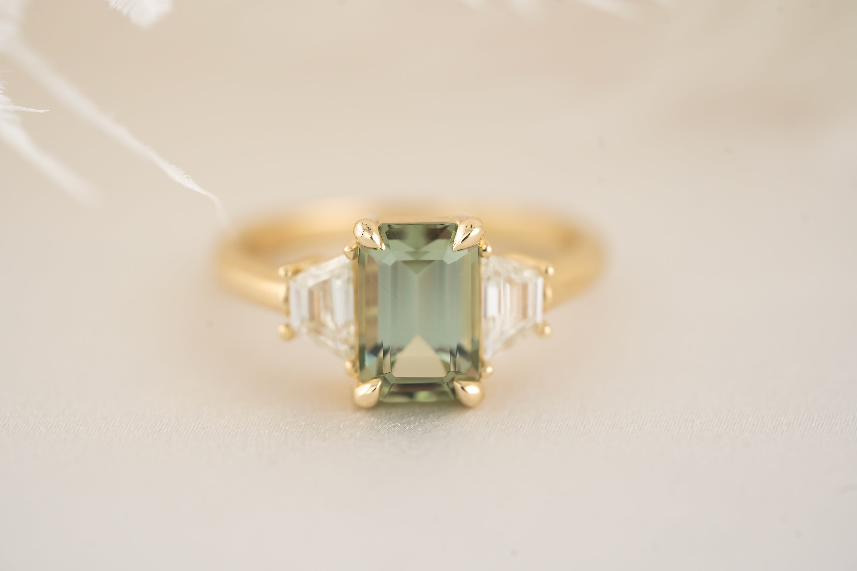 The Tría Ring - 2.1 CT Sage Green Emerald Cut Tourmaline - Lavender Creek Gems