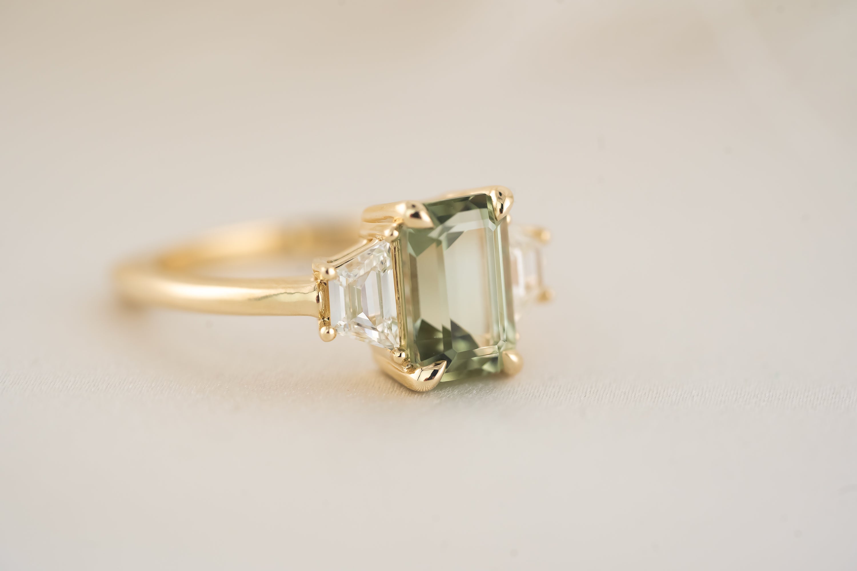 The Tría Ring - 2.1 CT Sage Green Emerald Cut Tourmaline - Lavender Creek Gems
