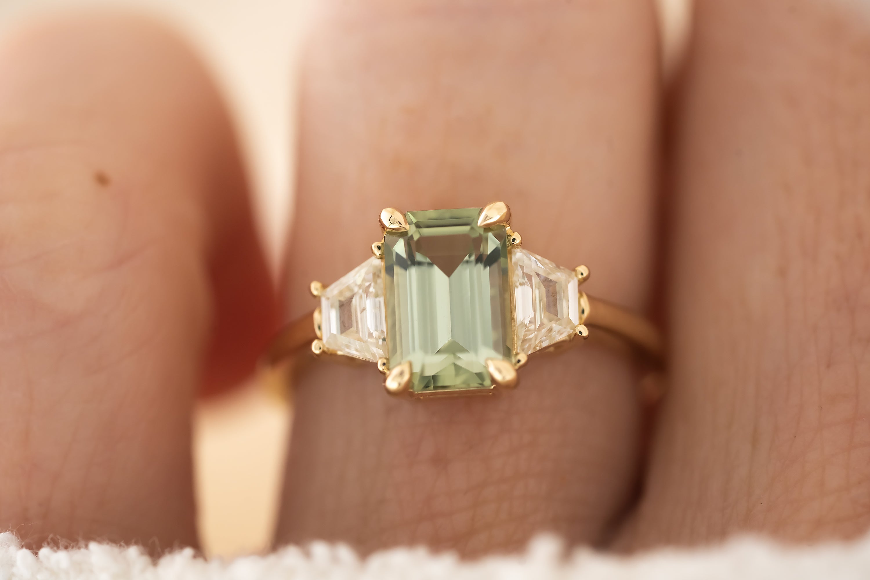 The Tría Ring - 2.1 CT Sage Green Emerald Cut Tourmaline - Lavender Creek Gems