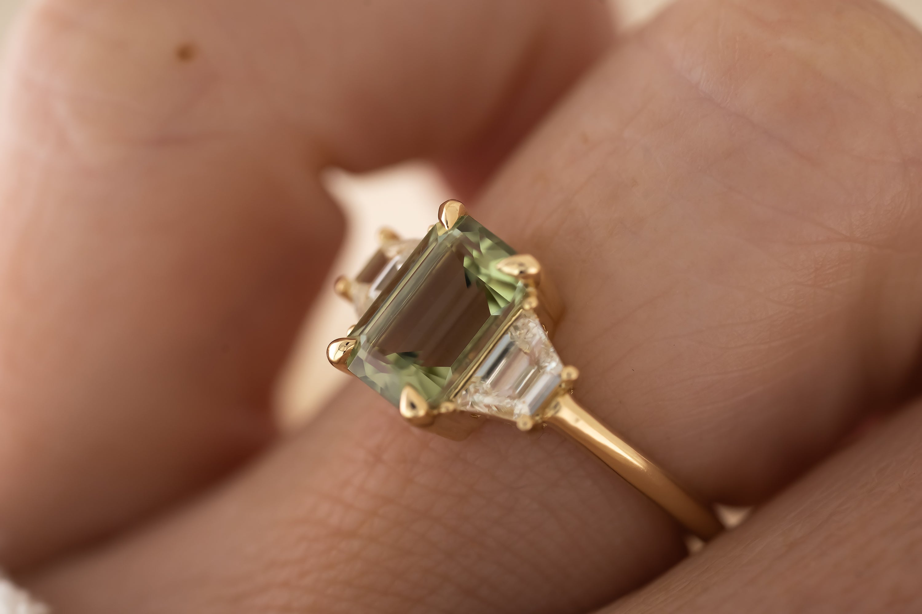 The Tría Ring - 2.1 CT Sage Green Emerald Cut Tourmaline - Lavender Creek Gems