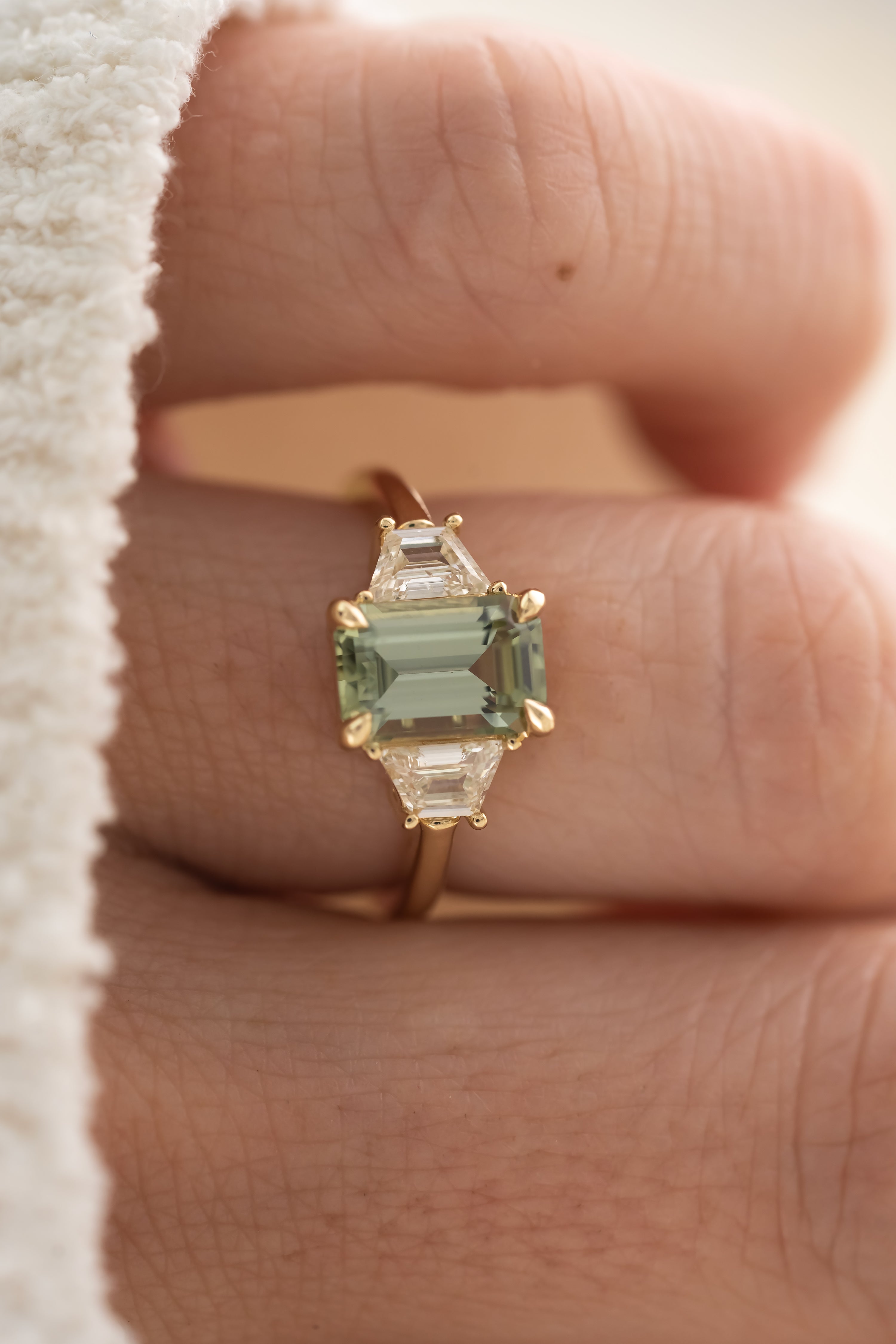 The Tría Ring - 2.1 CT Sage Green Emerald Cut Tourmaline - Lavender Creek Gems