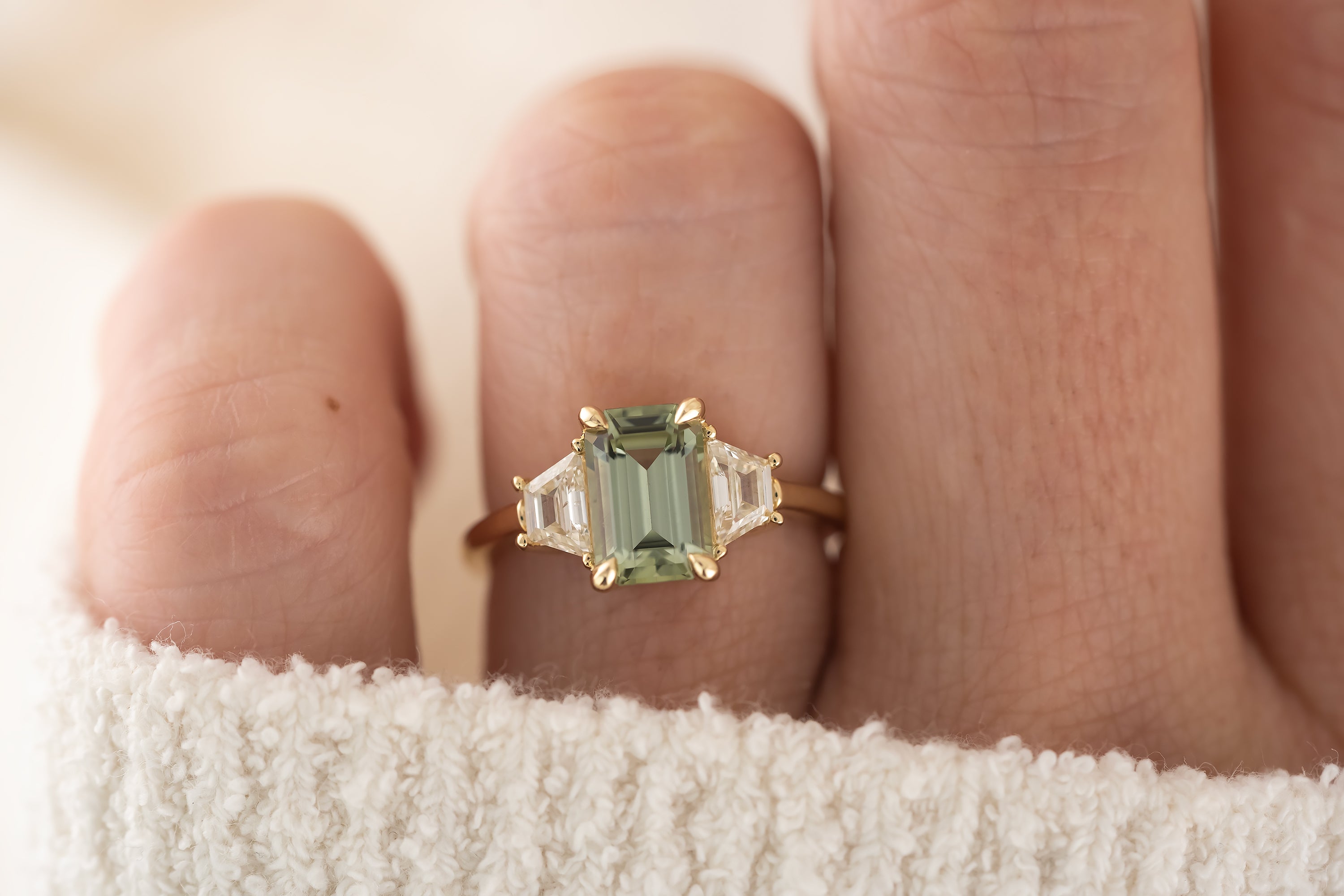 The Tría Ring - 2.1 CT Sage Green Emerald Cut Tourmaline - Lavender Creek Gems