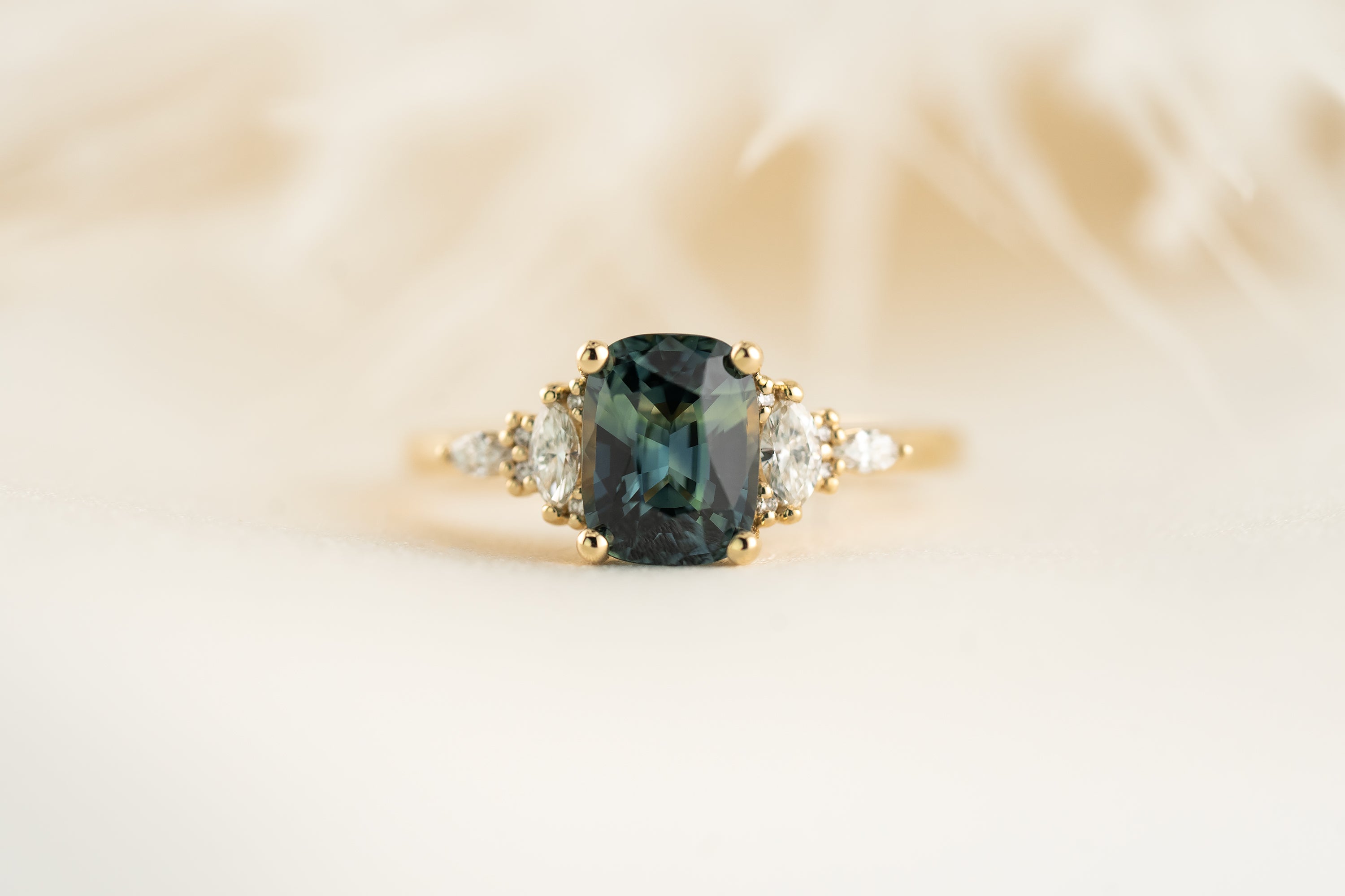The Maeve Ring | 2.06 CT Cushion Teal Sapphire - Lavender Creek Gems