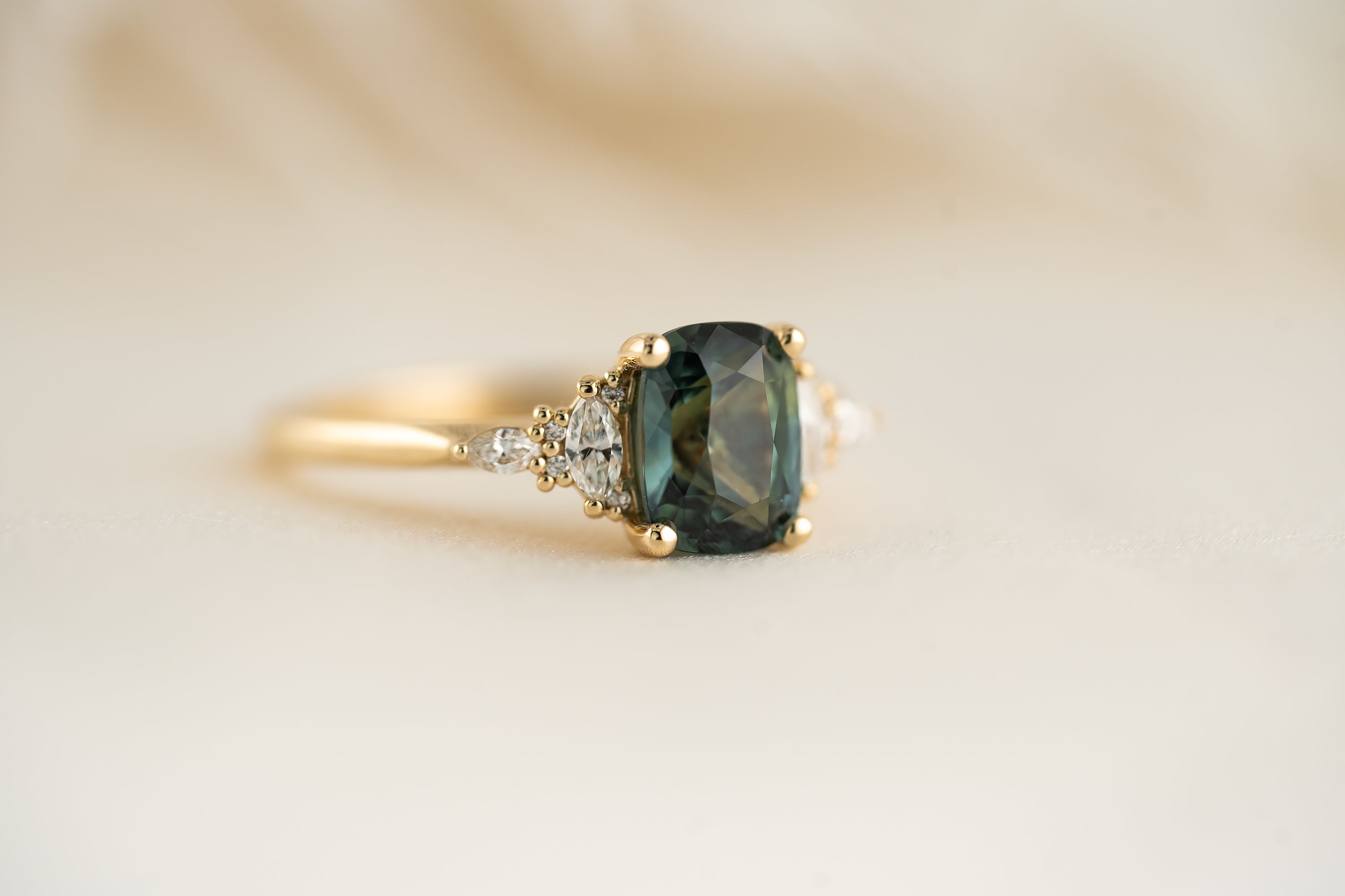 The Maeve Ring | 2.06 CT Cushion Teal Sapphire - Lavender Creek Gems