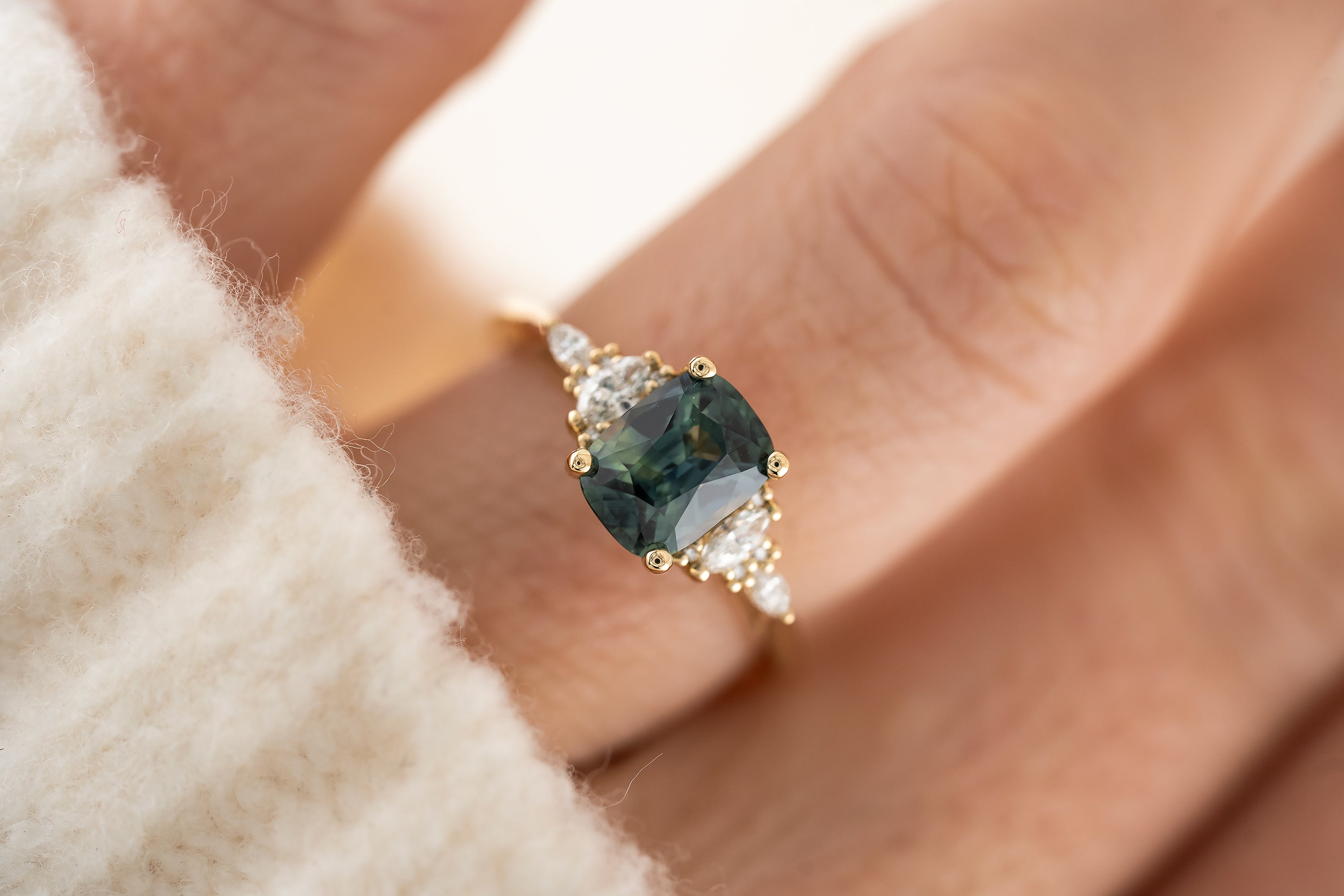 The Maeve Ring | 2.06 CT Cushion Teal Sapphire - Lavender Creek Gems