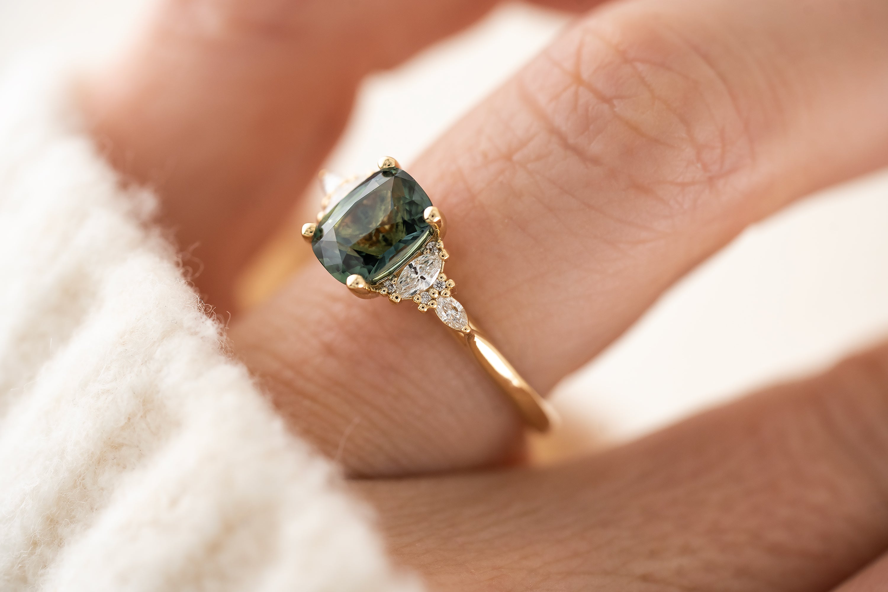 The Maeve Ring | 2.06 CT Cushion Teal Sapphire - Lavender Creek Gems