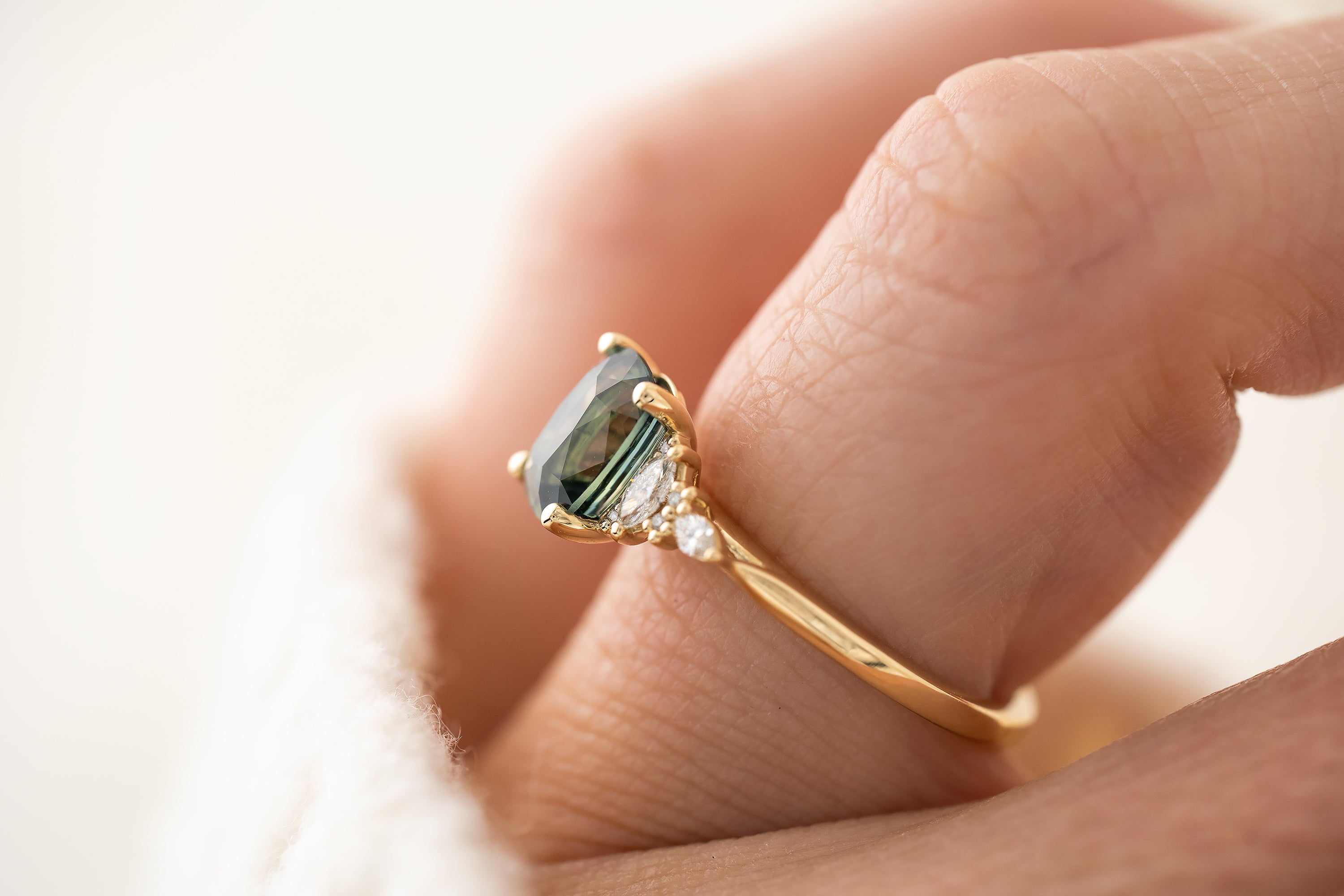 The Maeve Ring | 2.06 CT Cushion Teal Sapphire - Lavender Creek Gems