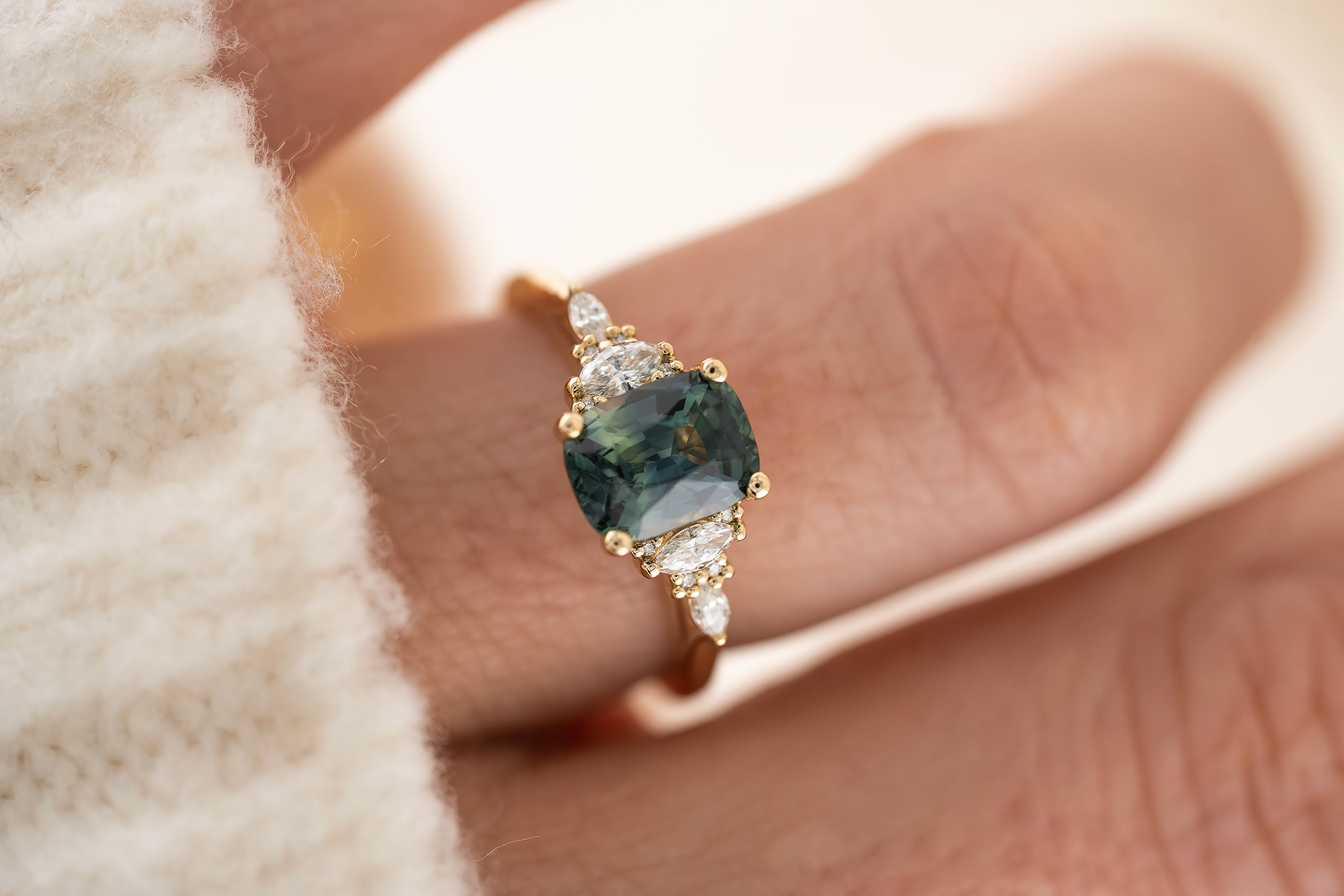 The Maeve Ring | 2.06 CT Cushion Teal Sapphire - Lavender Creek Gems