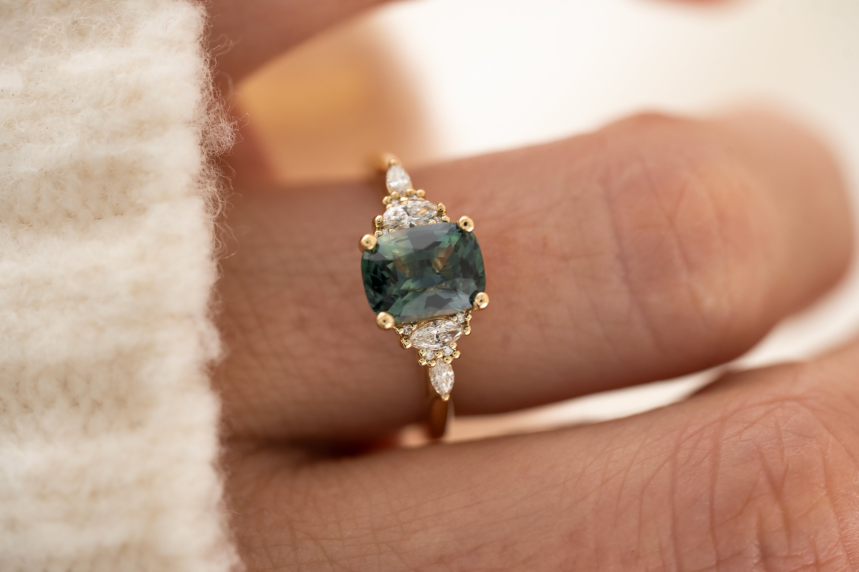 The Maeve Ring | 2.06 CT Cushion Teal Sapphire - Lavender Creek Gems