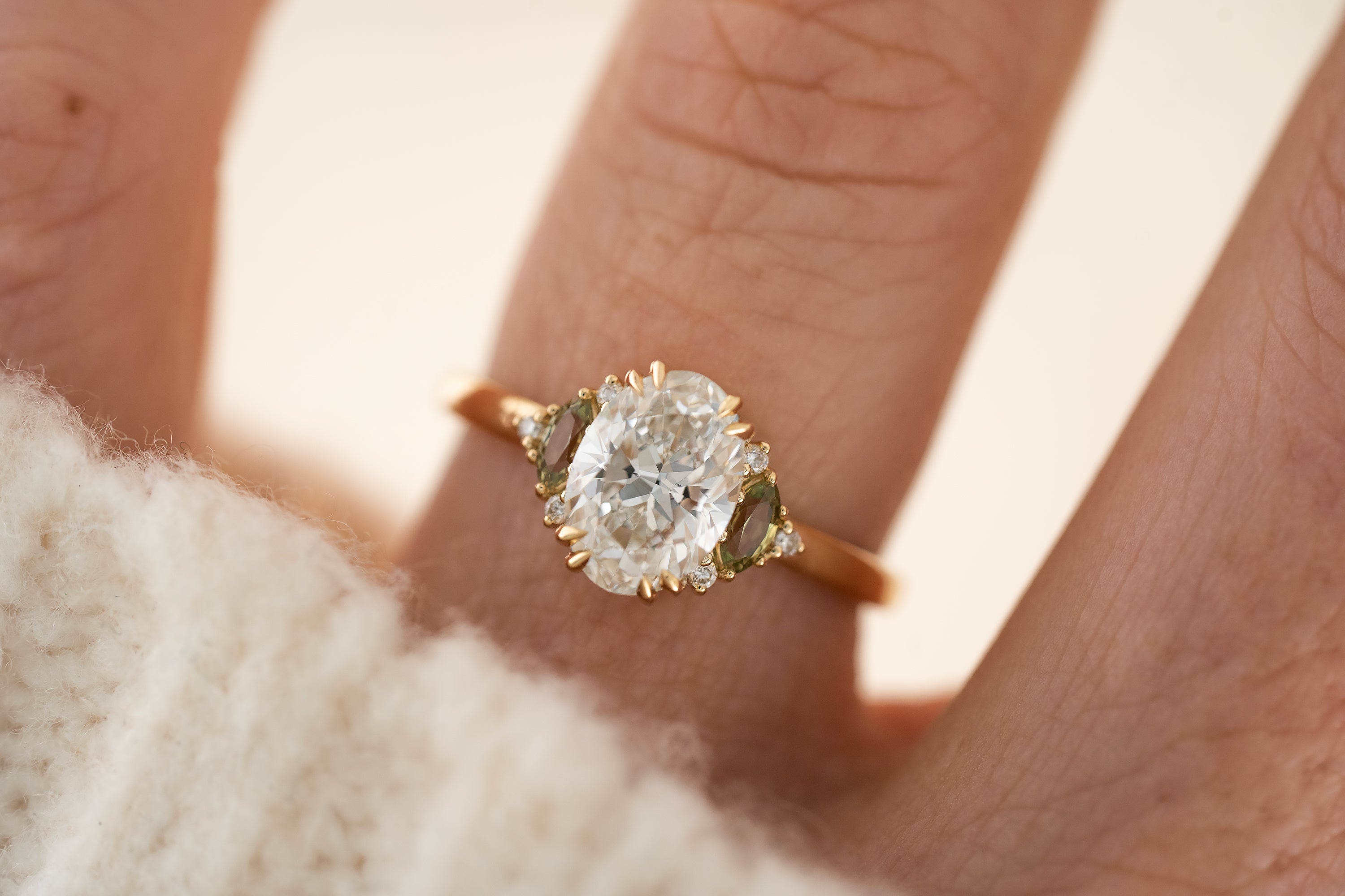 The Maren Ring | 1.51 CT Oval Diamond + Green Sapphire - Lavender Creek Gems