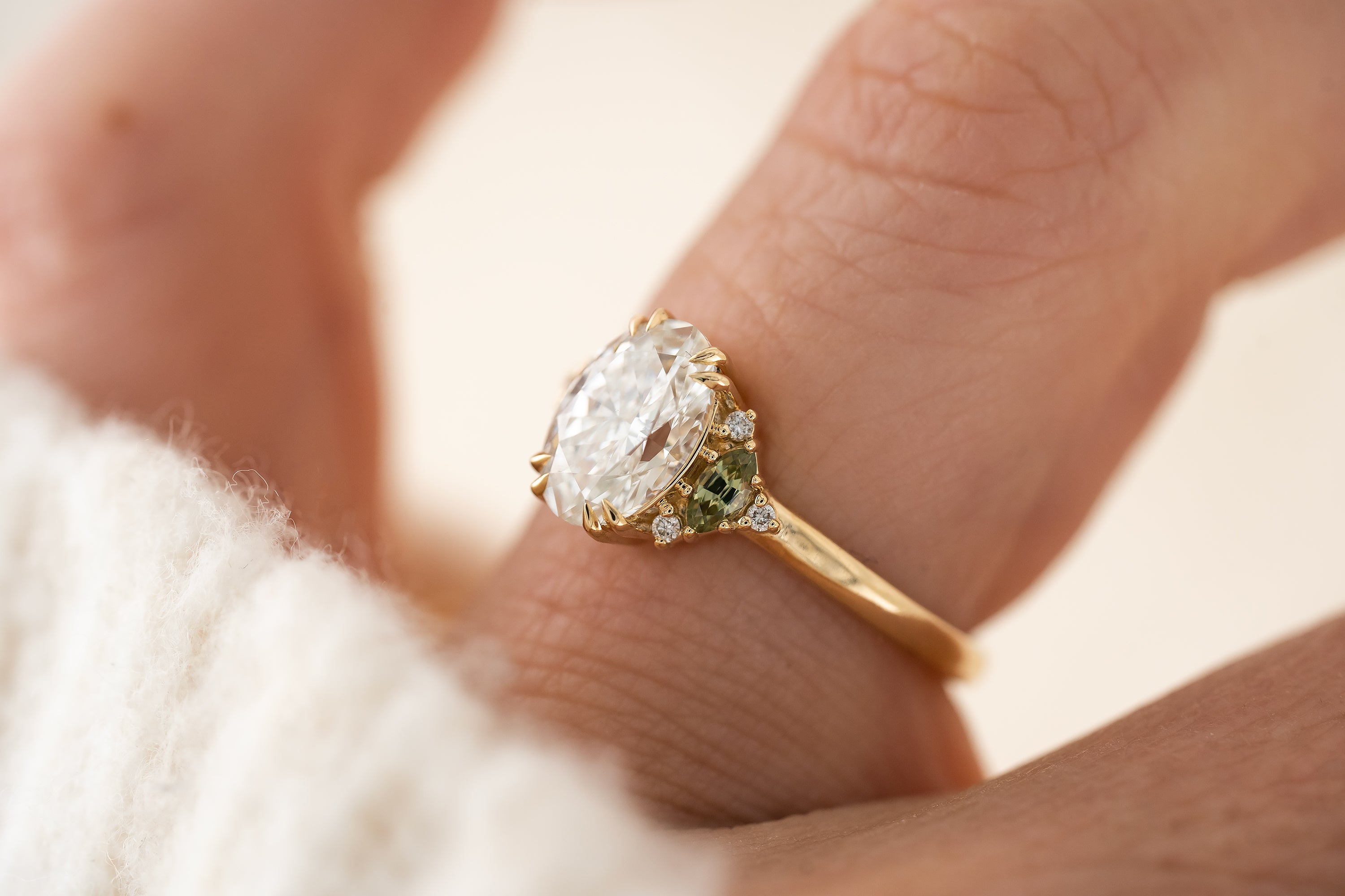 The Maren Ring | 1.51 CT Oval Diamond + Green Sapphire - Lavender Creek Gems