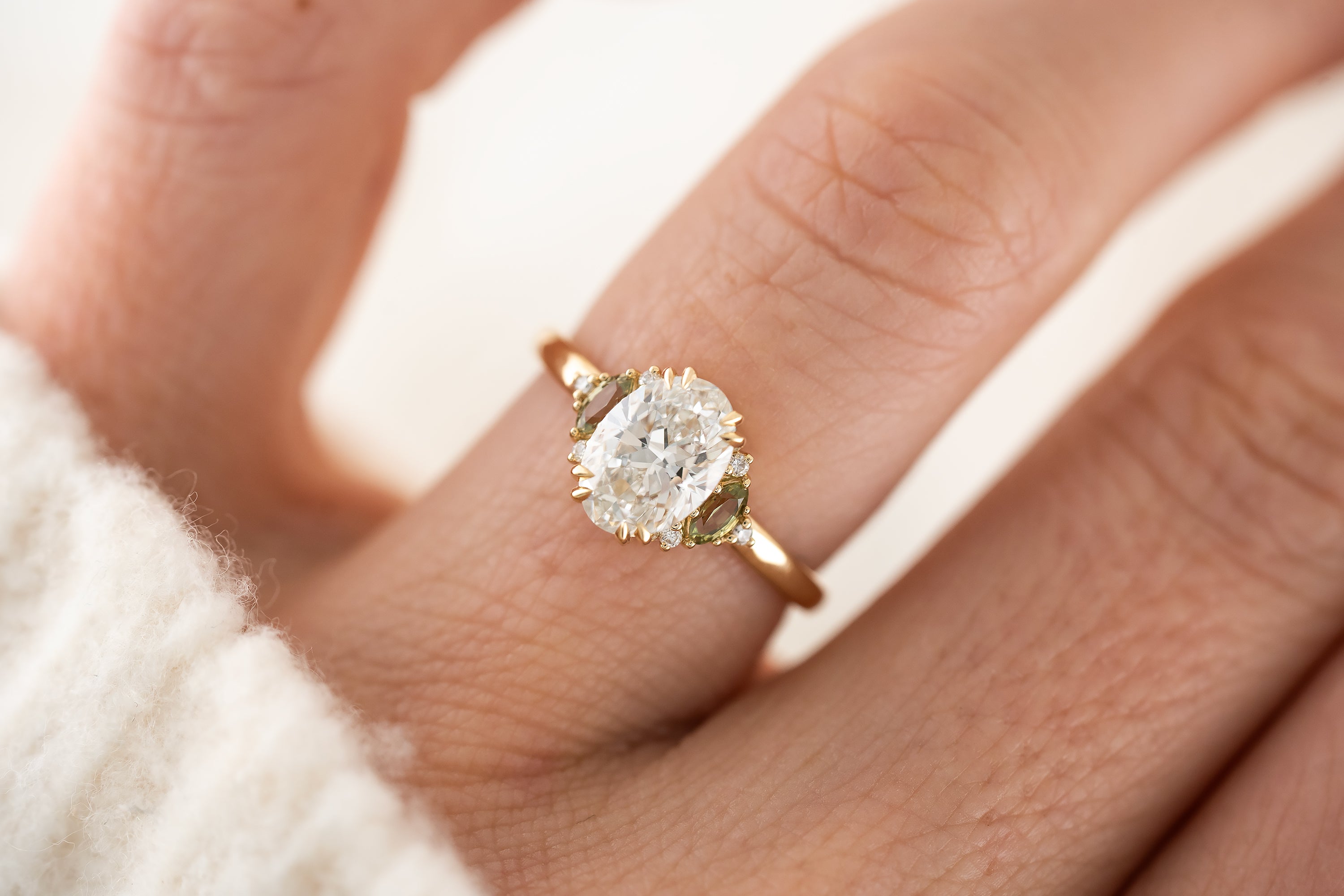 The Maren Ring | 1.51 CT Oval Diamond + Green Sapphire - Lavender Creek Gems