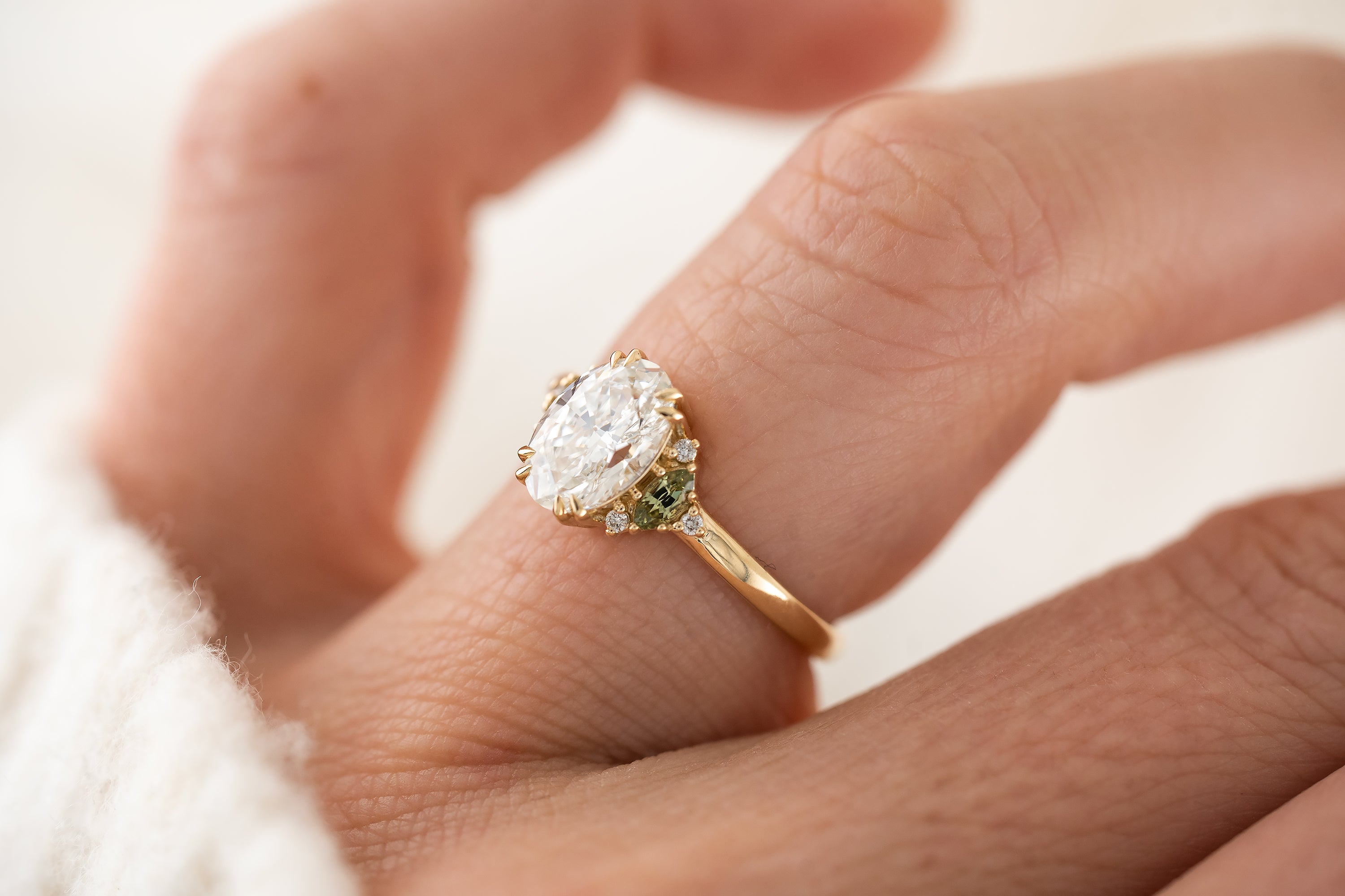 The Maren Ring | 1.51 CT Oval Diamond + Green Sapphire - Lavender Creek Gems