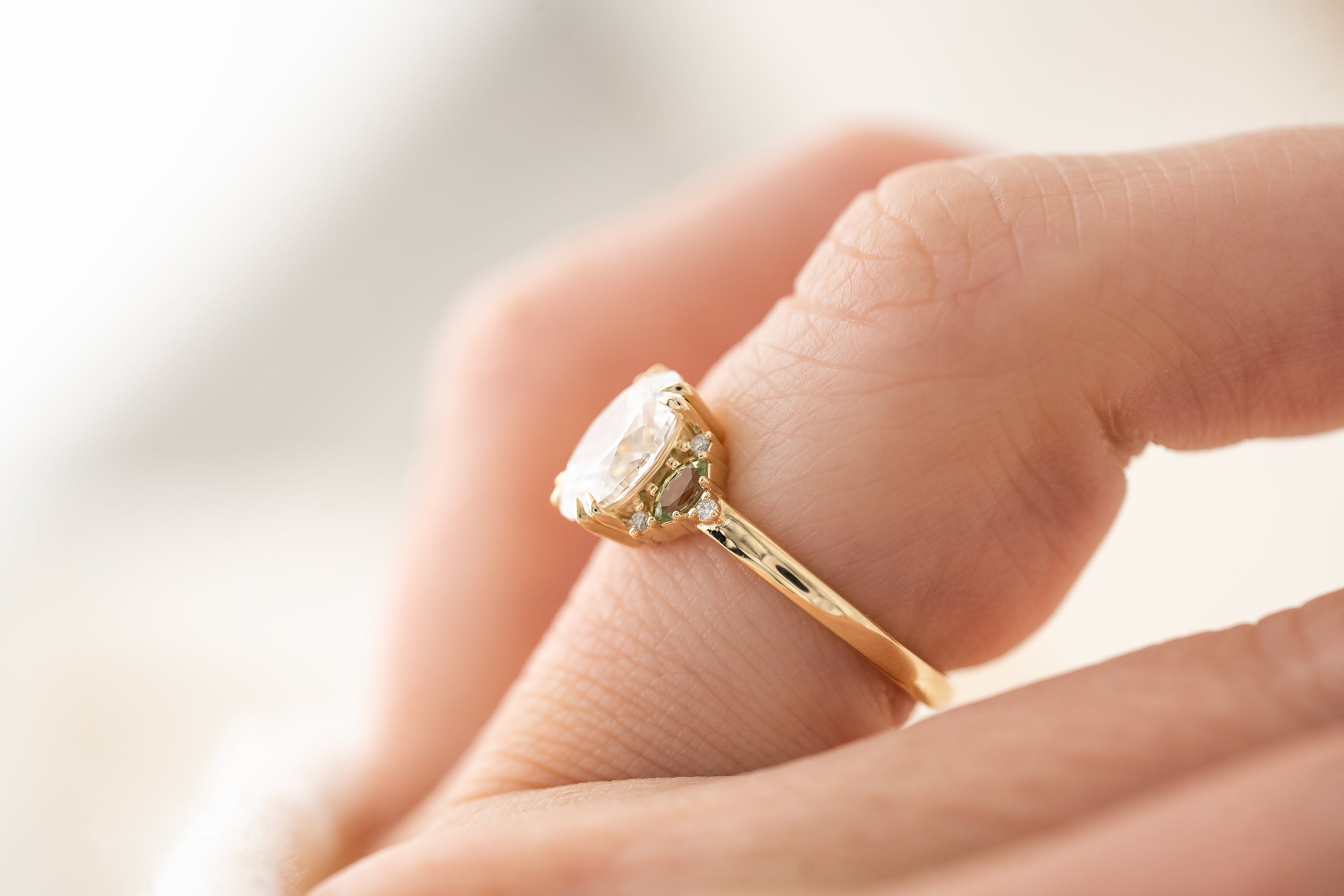 The Maren Ring | 1.51 CT Oval Diamond + Green Sapphire - Lavender Creek Gems