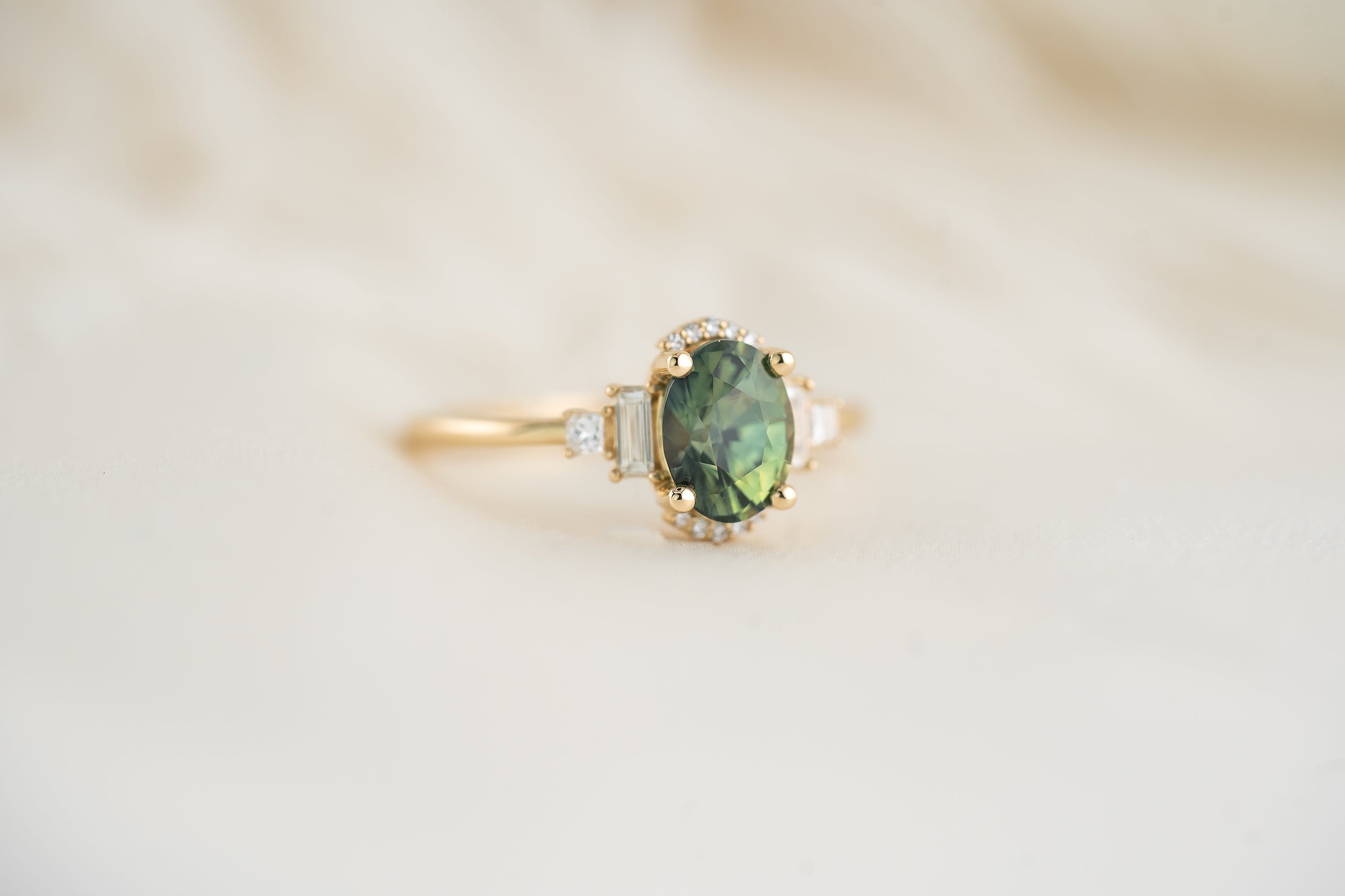 The Sura Ring | 1.68 CT Teal Green Oval Sapphire - Lavender Creek Gems