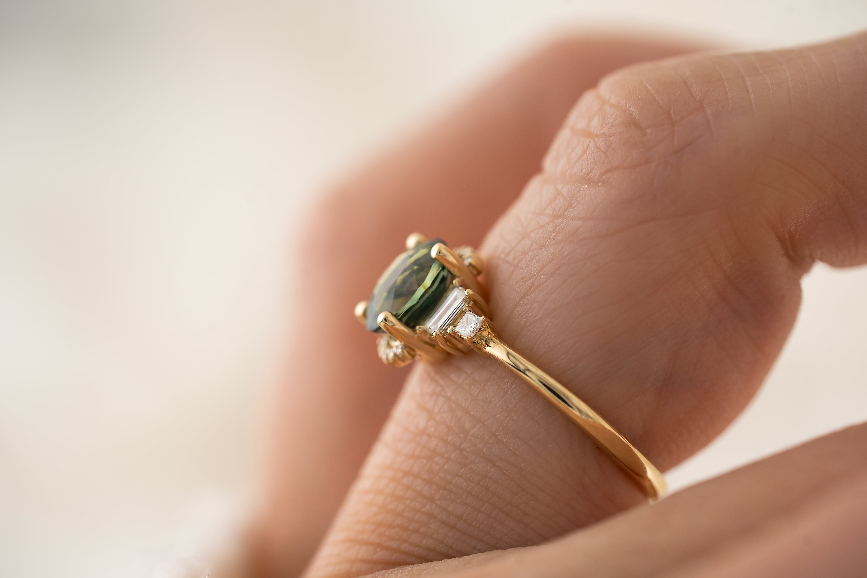 The Sura Ring | 1.68 CT Teal Green Oval Sapphire - Lavender Creek Gems
