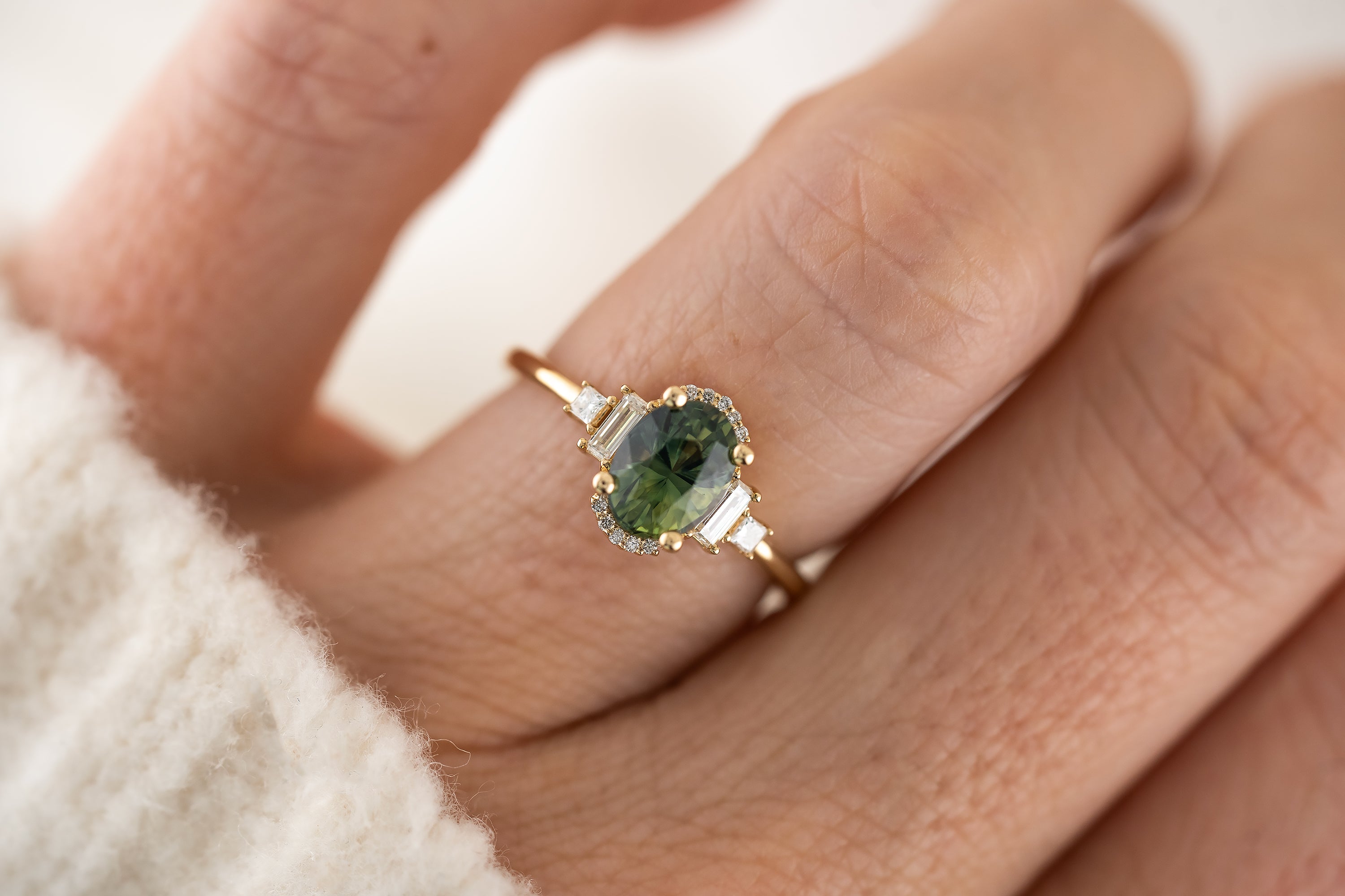 The Sura Ring | 1.68 CT Teal Green Oval Sapphire - Lavender Creek Gems