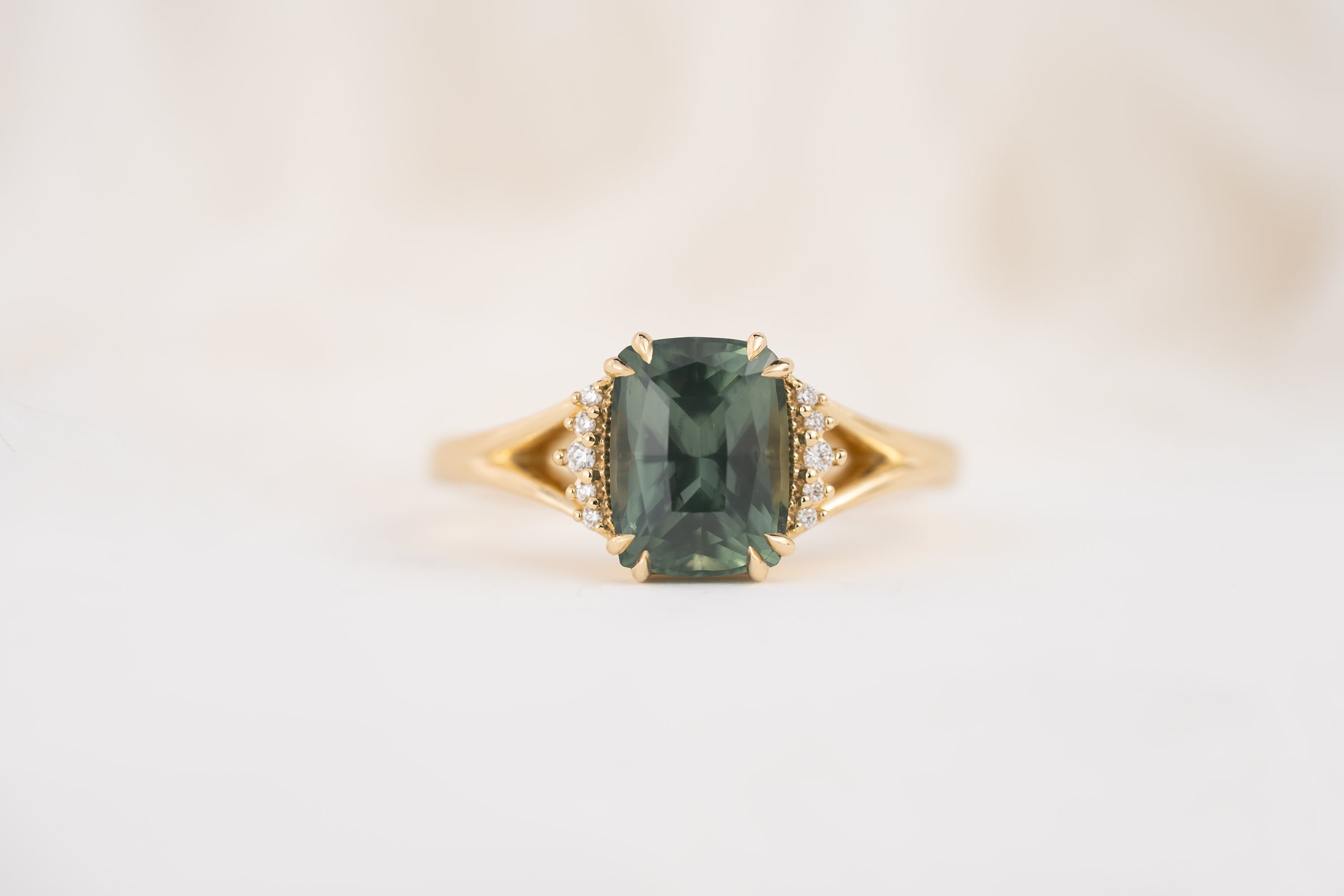 The Serendipity Ring | 2.57 CT Elongated Cushion Green Sapphire - Lavender Creek Gems
