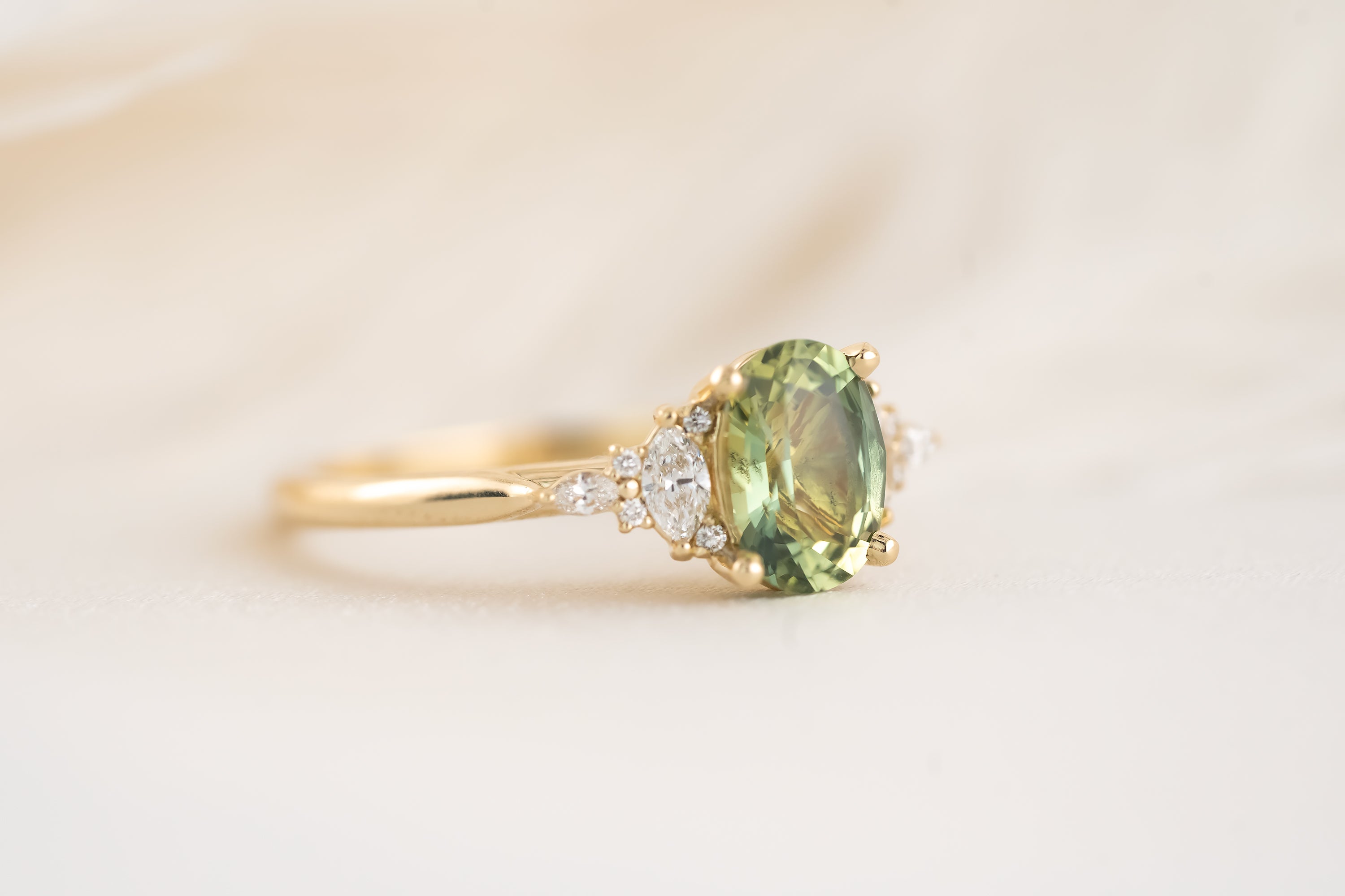 The Maeve Ring - 1.5 CT Teal Green Oval Sapphire - Lavender Creek Gems