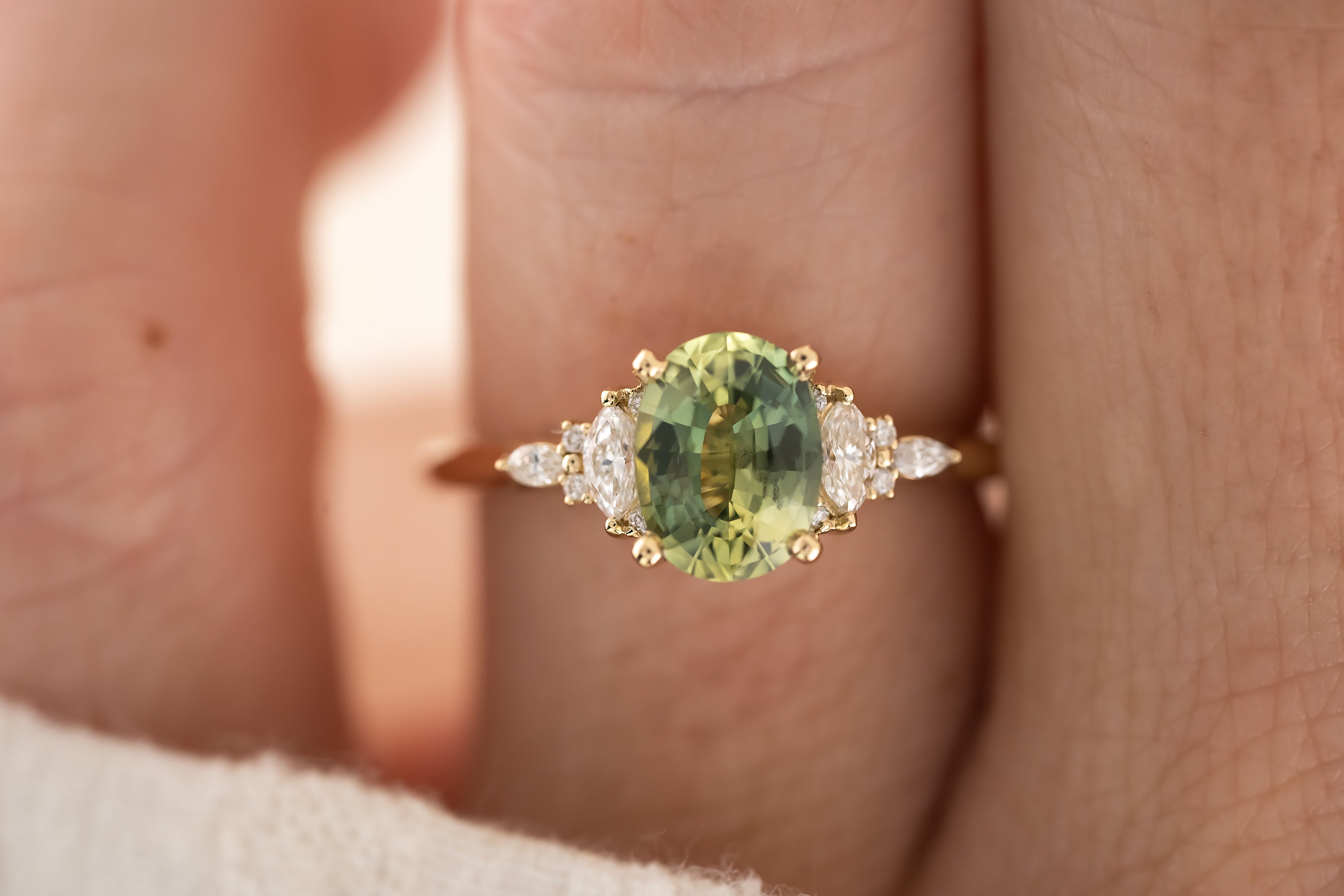 The Maeve Ring - 1.5 CT Teal Green Oval Sapphire - Lavender Creek Gems