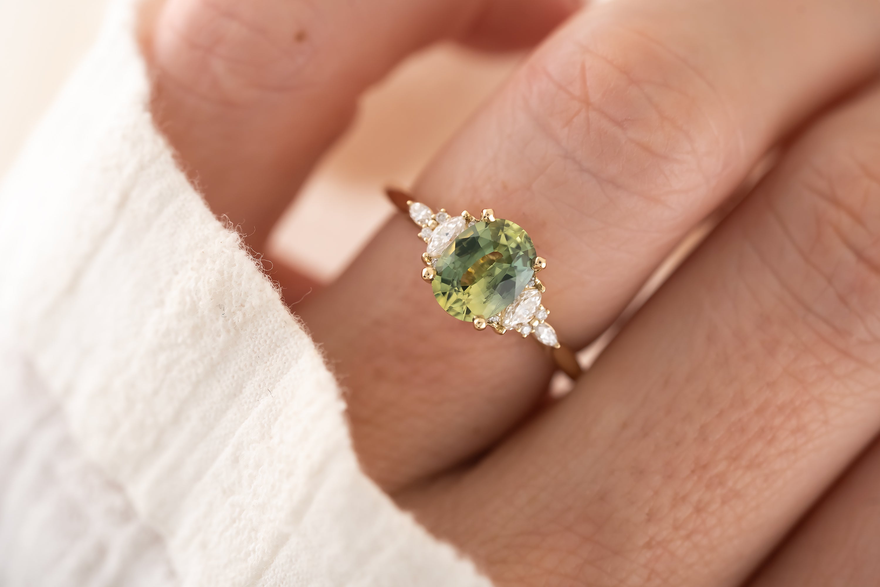 The Maeve Ring - 1.5 CT Teal Green Oval Sapphire - Lavender Creek Gems