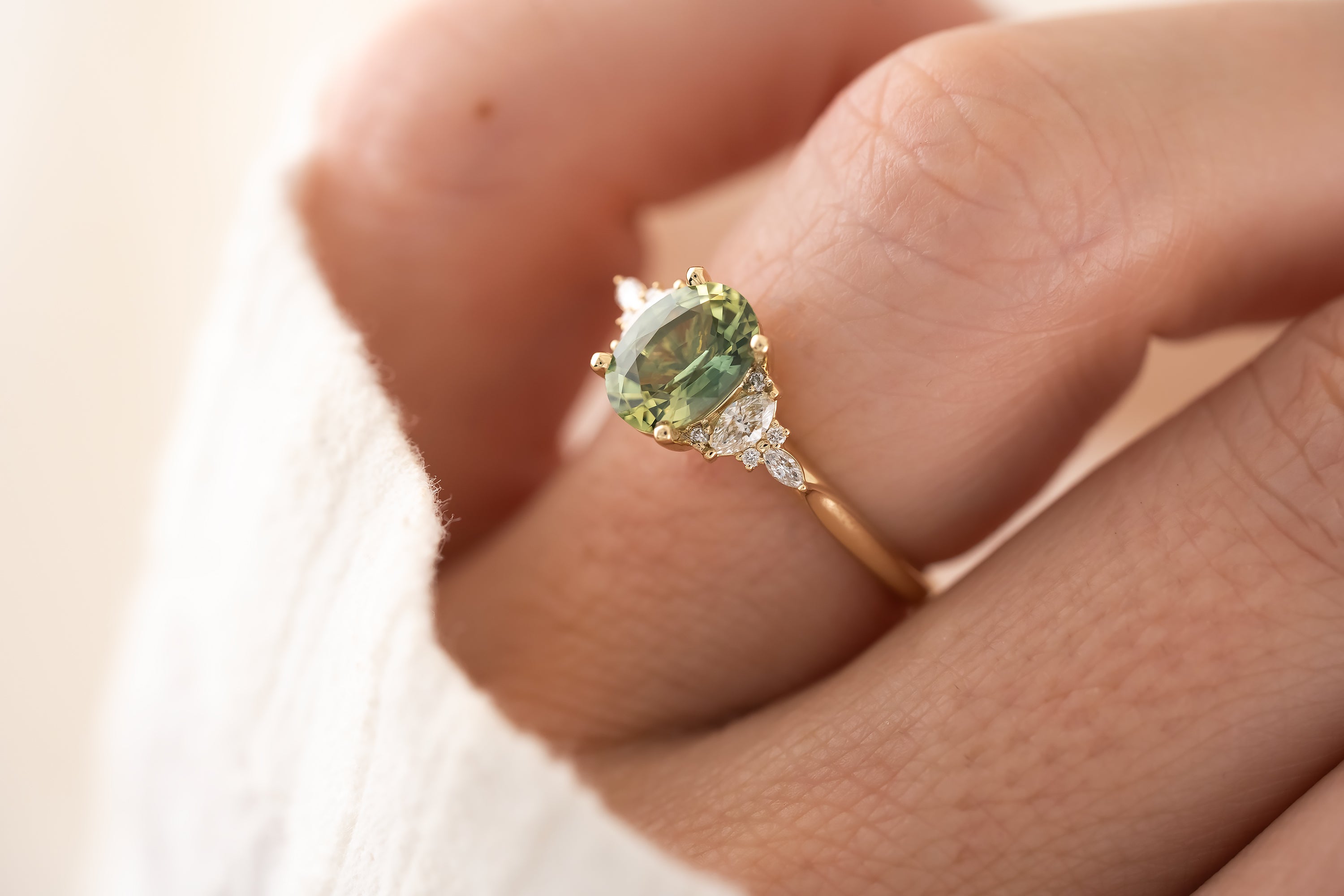 The Maeve Ring - 1.5 CT Teal Green Oval Sapphire - Lavender Creek Gems