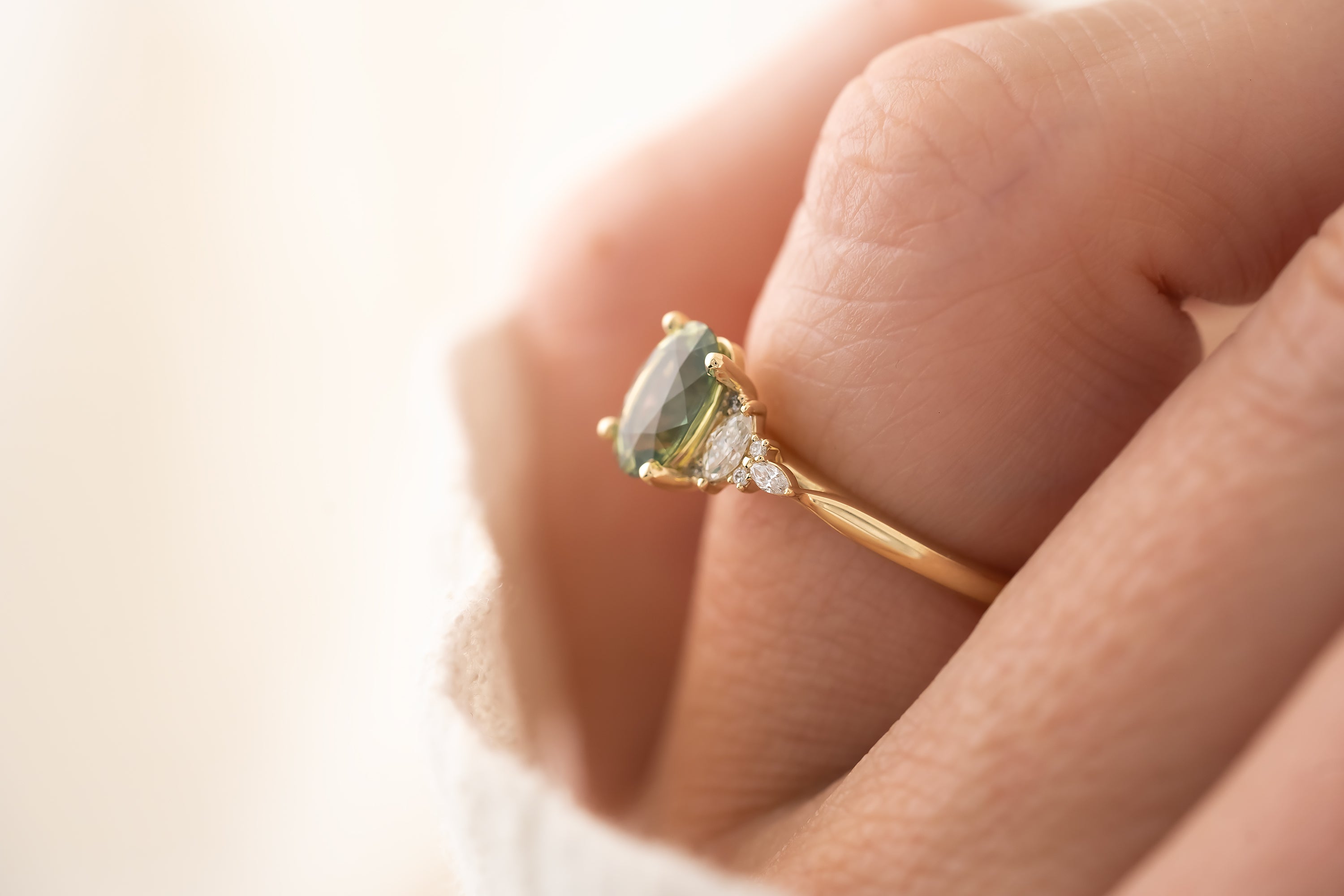 The Maeve Ring - 1.5 CT Teal Green Oval Sapphire - Lavender Creek Gems