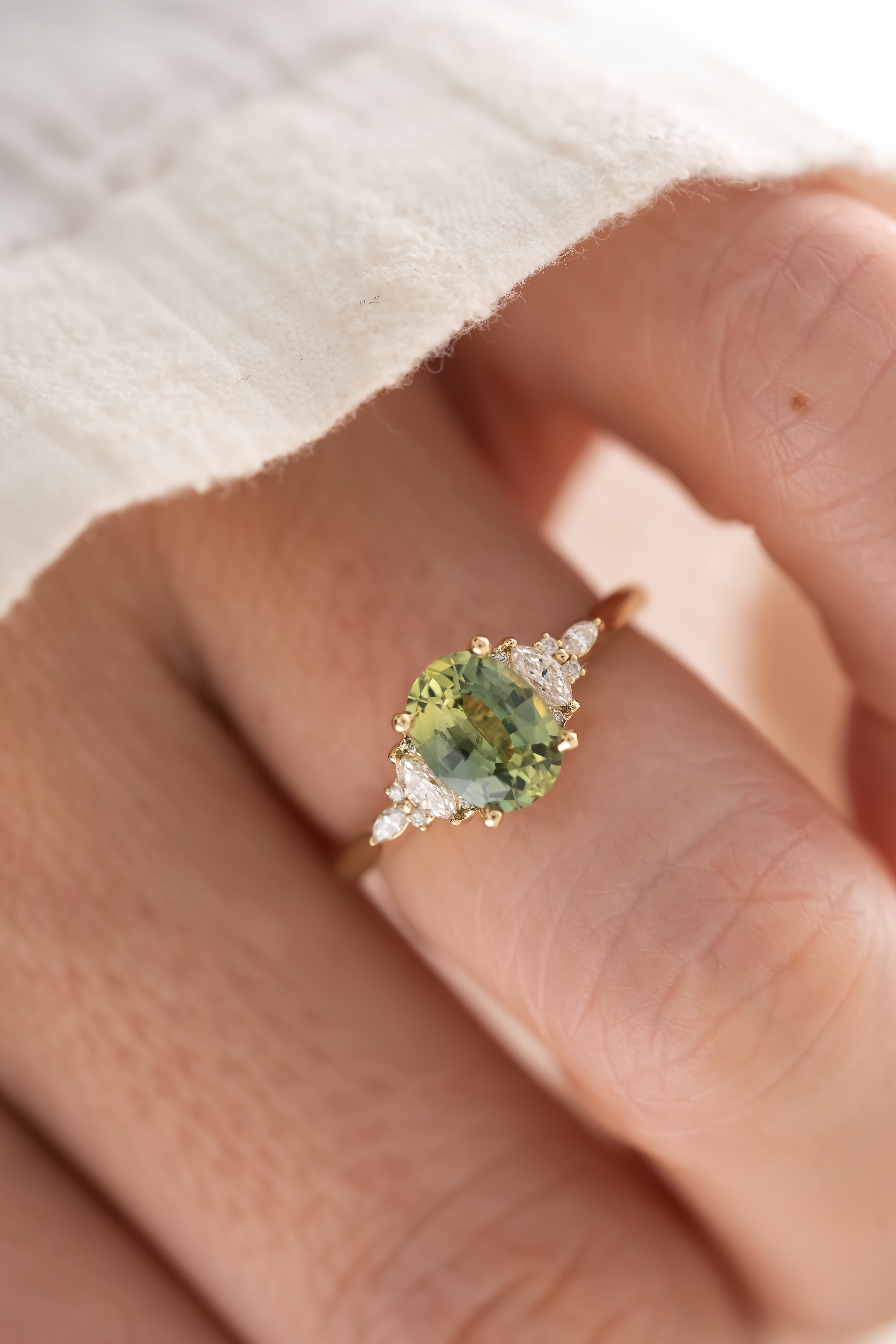 The Maeve Ring - 1.5 CT Teal Green Oval Sapphire - Lavender Creek Gems
