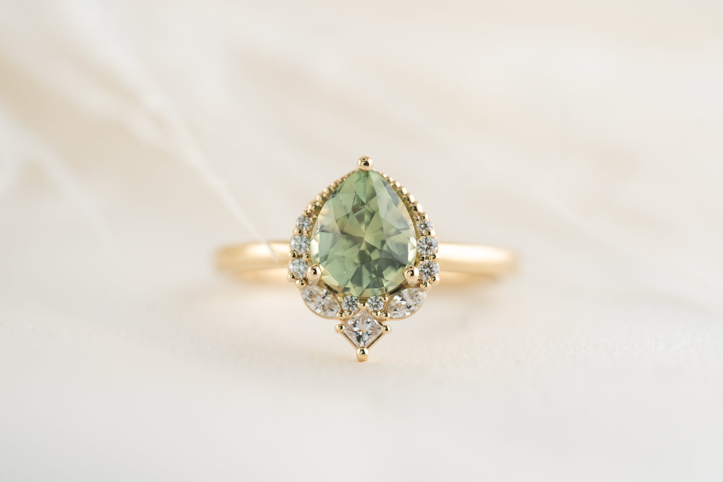 The Charlotte Ring | 1.72 CT Pear Silky Green Sapphire - Lavender Creek Gems