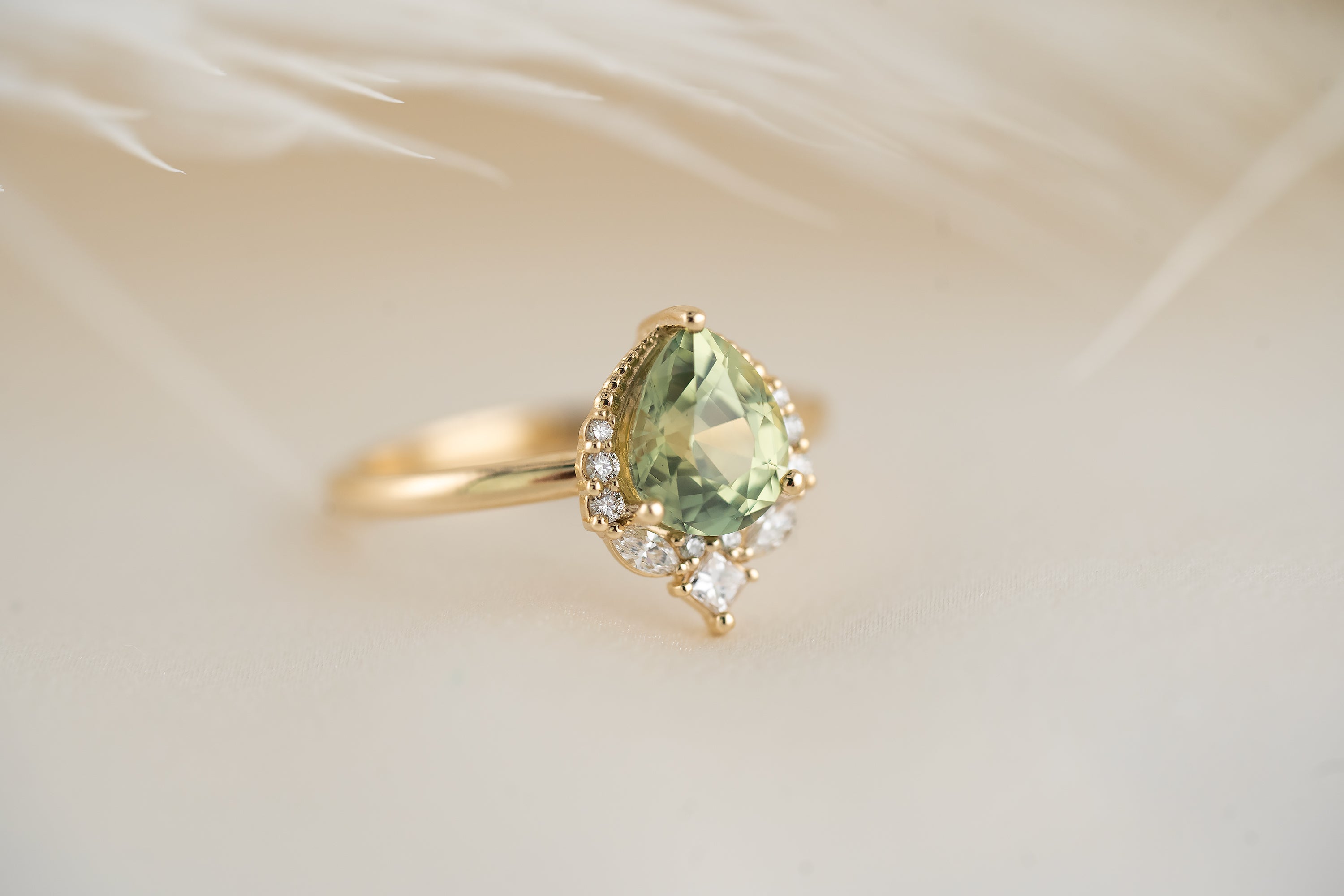 The Charlotte Ring | 1.72 CT Pear Silky Green Sapphire - Lavender Creek Gems