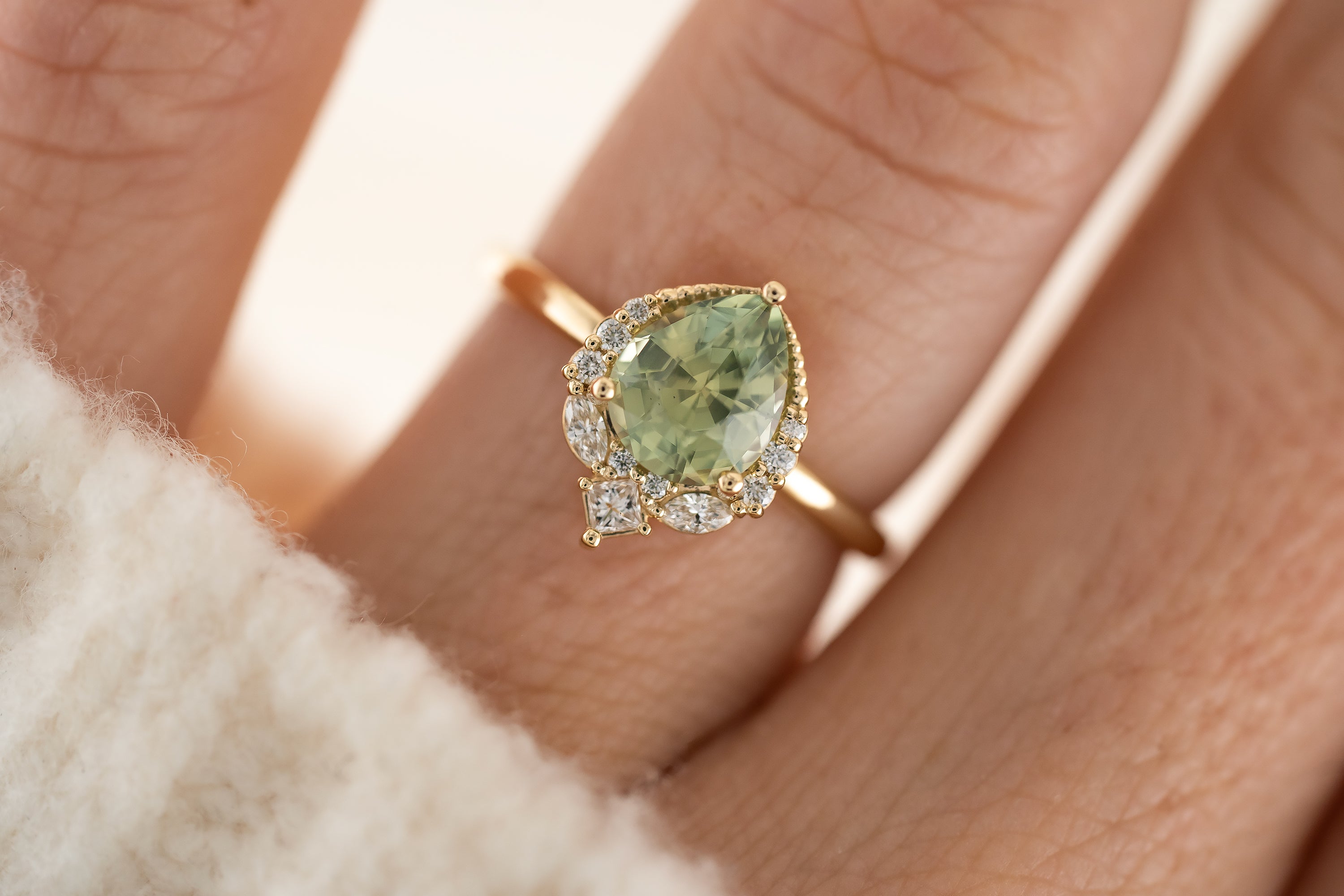 The Charlotte Ring | 1.72 CT Pear Silky Green Sapphire - Lavender Creek Gems