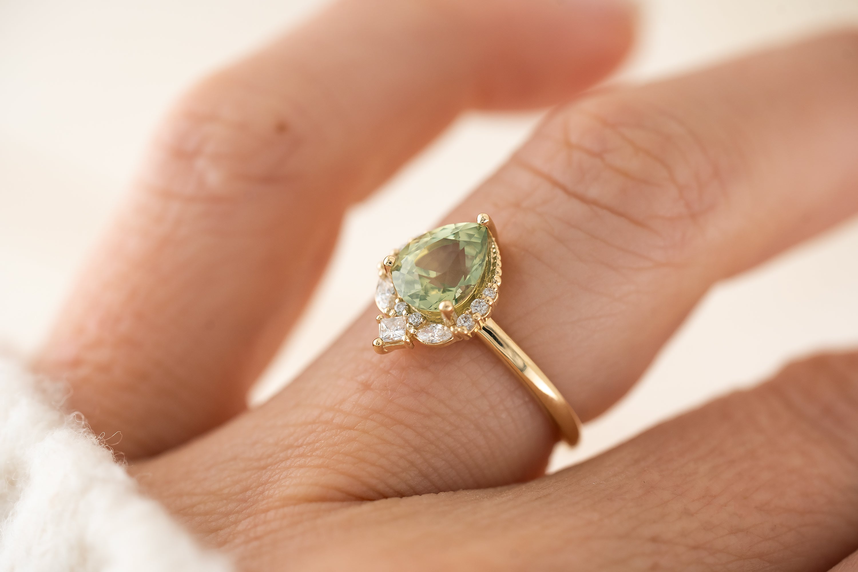 The Charlotte Ring | 1.72 CT Pear Silky Green Sapphire - Lavender Creek Gems