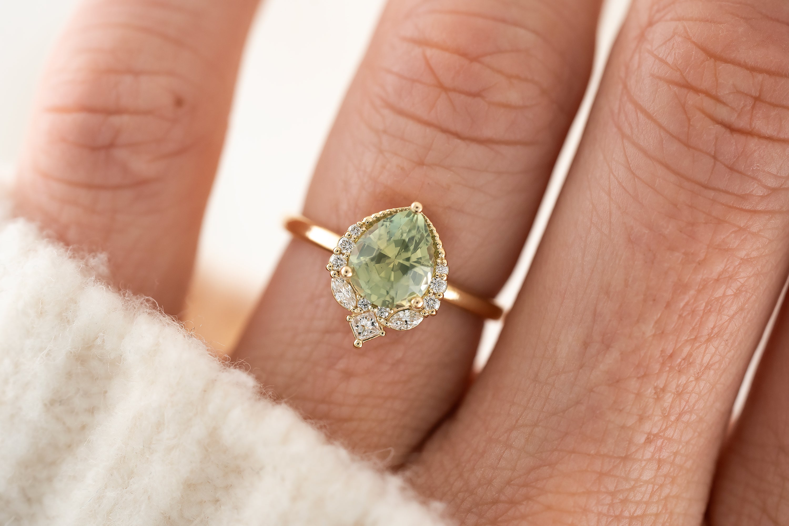 The Charlotte Ring | 1.72 CT Pear Silky Green Sapphire - Lavender Creek Gems