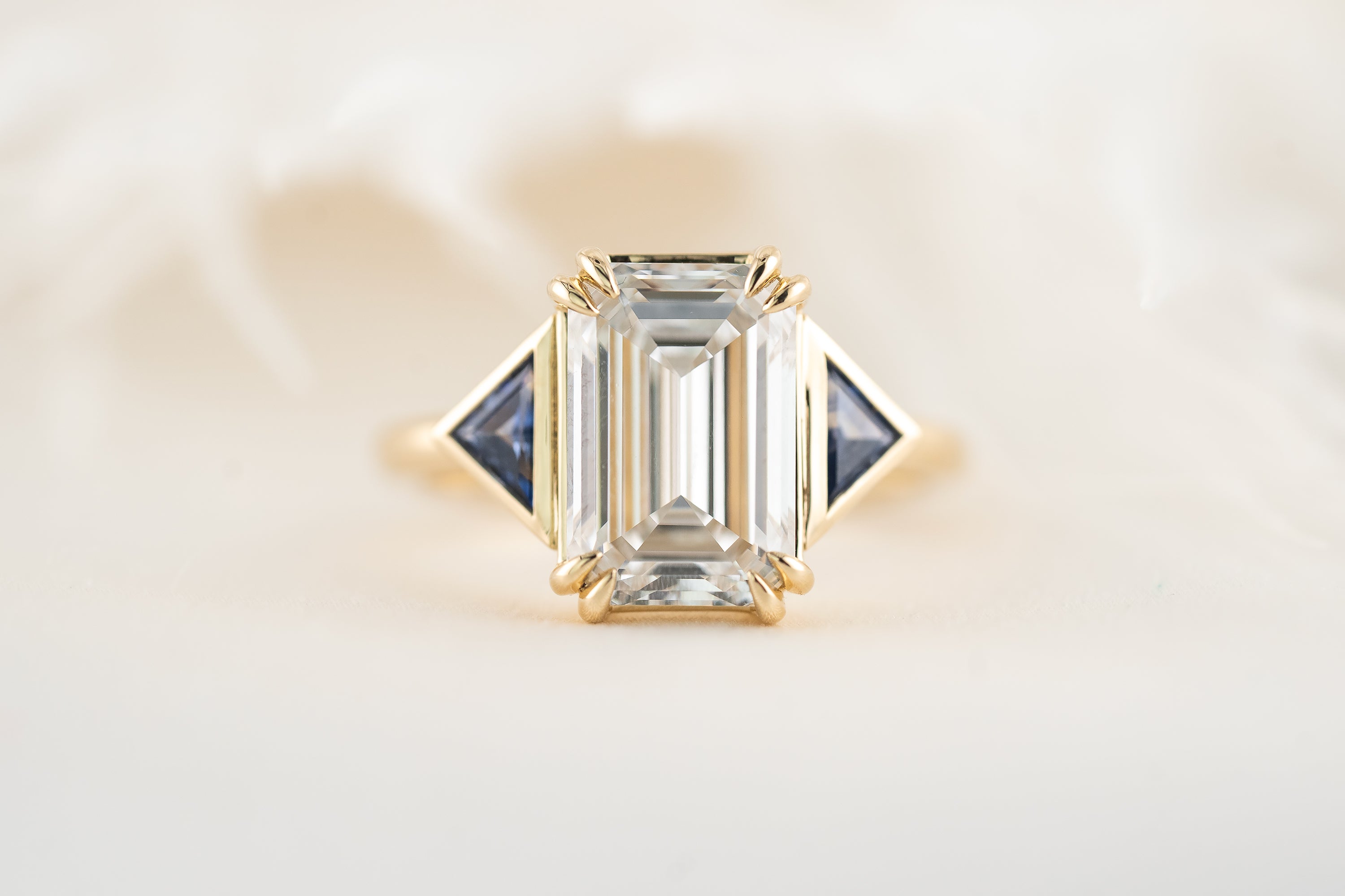 The Zelda Ring | 4.1 CT Emerald Cut Diamond + Royal Blue Sapphire - Lavender Creek Gems