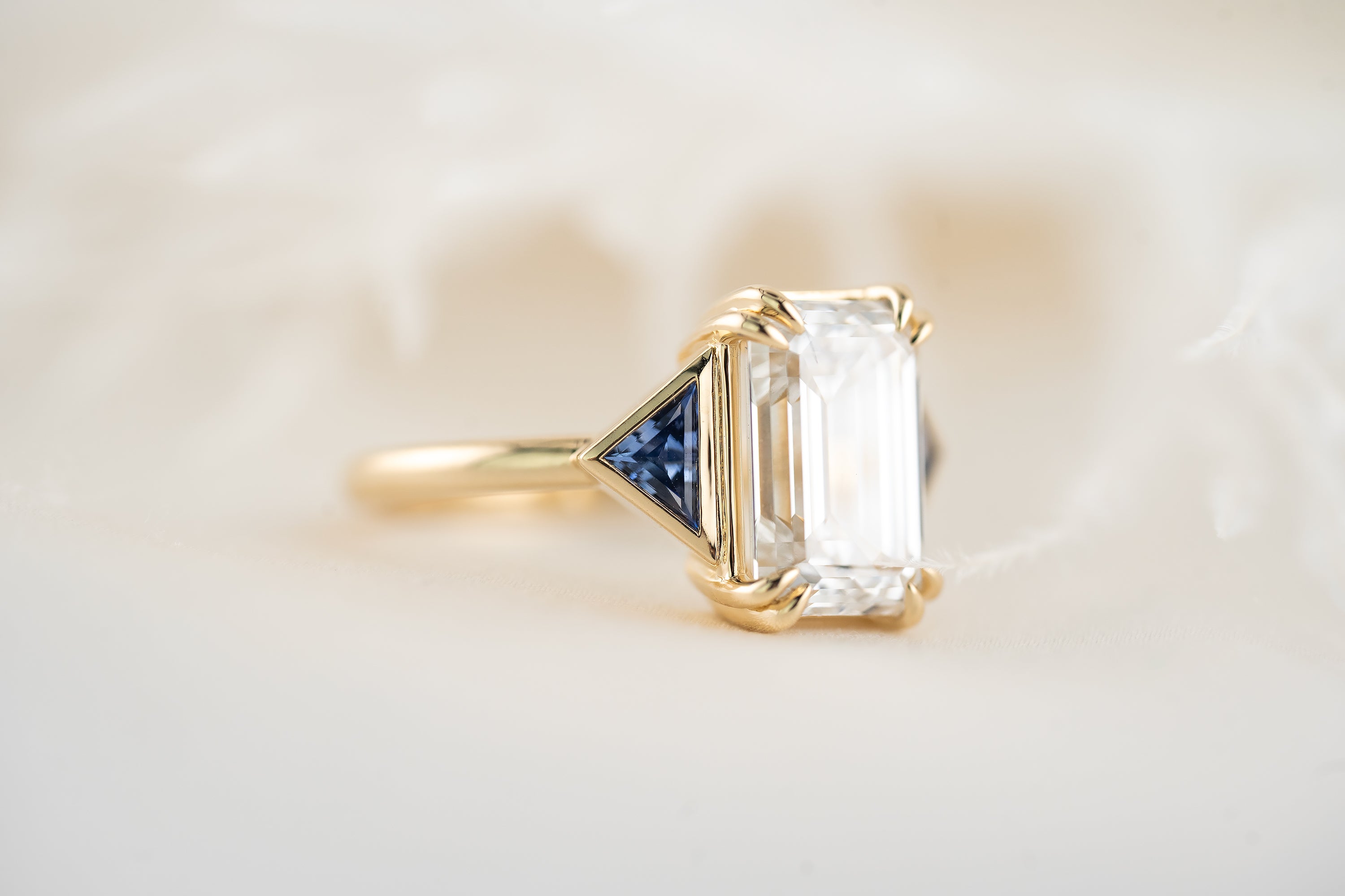 The Zelda Ring | 4.1 CT Emerald Cut Diamond + Royal Blue Sapphire - Lavender Creek Gems