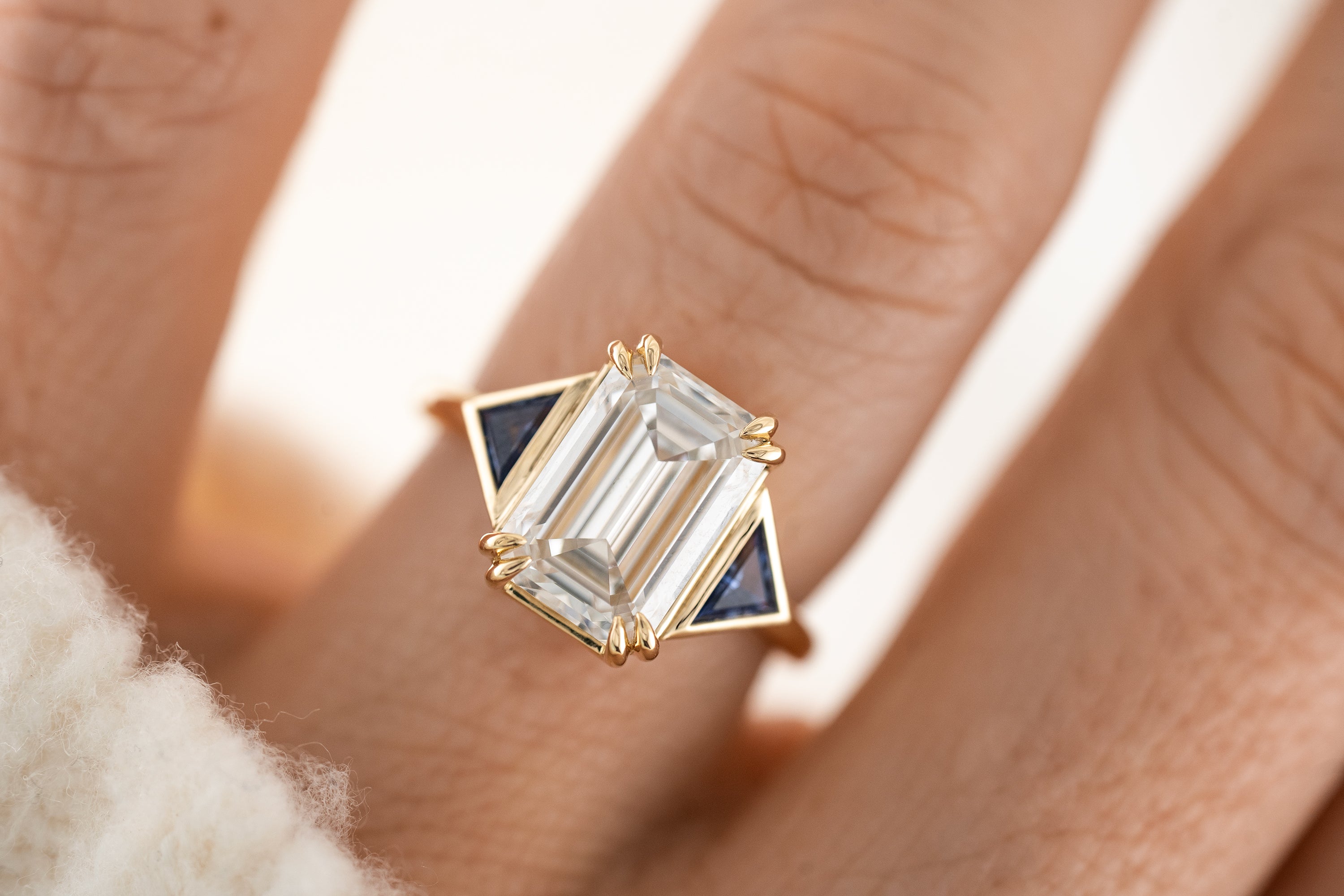 The Zelda Ring | 4.1 CT Emerald Cut Diamond + Royal Blue Sapphire - Lavender Creek Gems