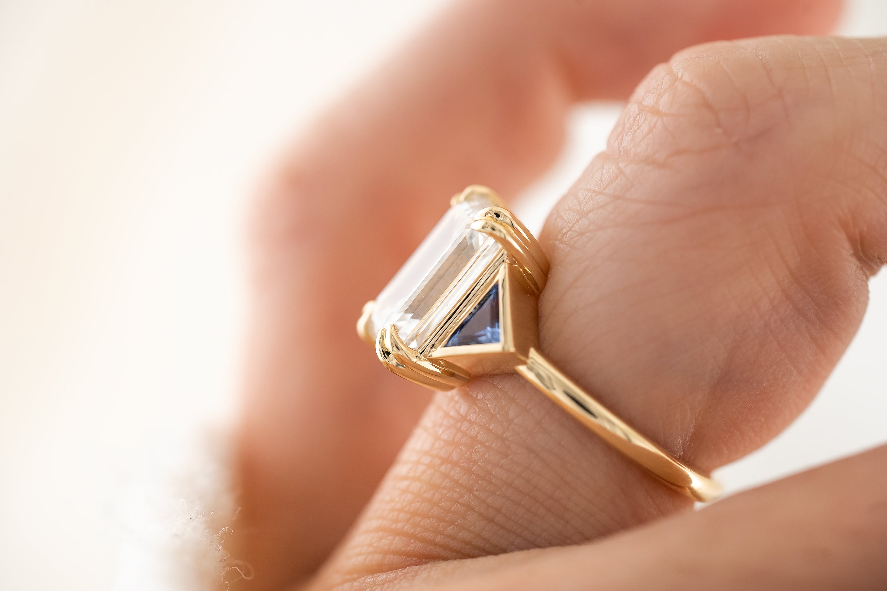 The Zelda Ring | 4.1 CT Emerald Cut Diamond + Royal Blue Sapphire - Lavender Creek Gems