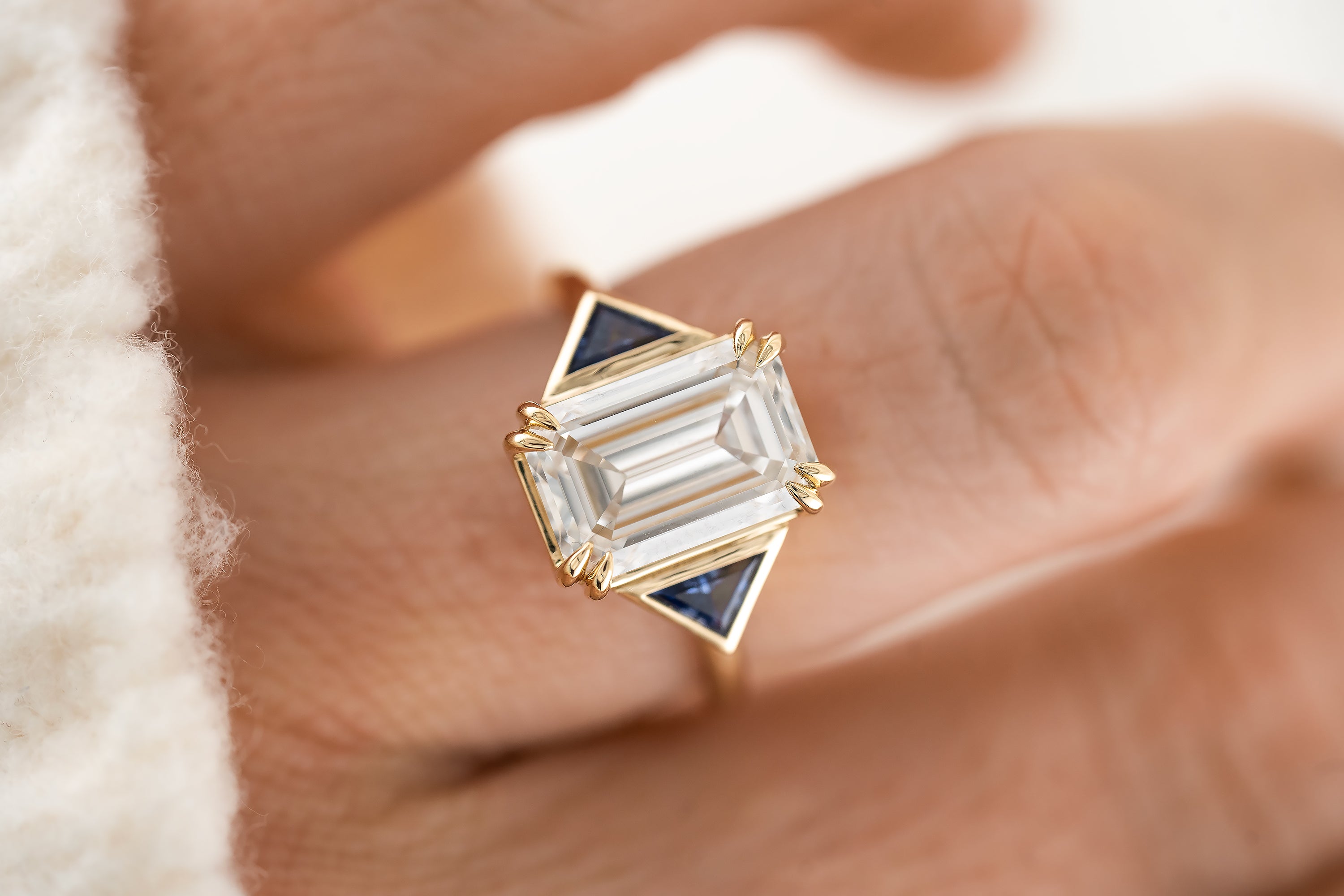The Zelda Ring | 4.1 CT Emerald Cut Diamond + Royal Blue Sapphire - Lavender Creek Gems