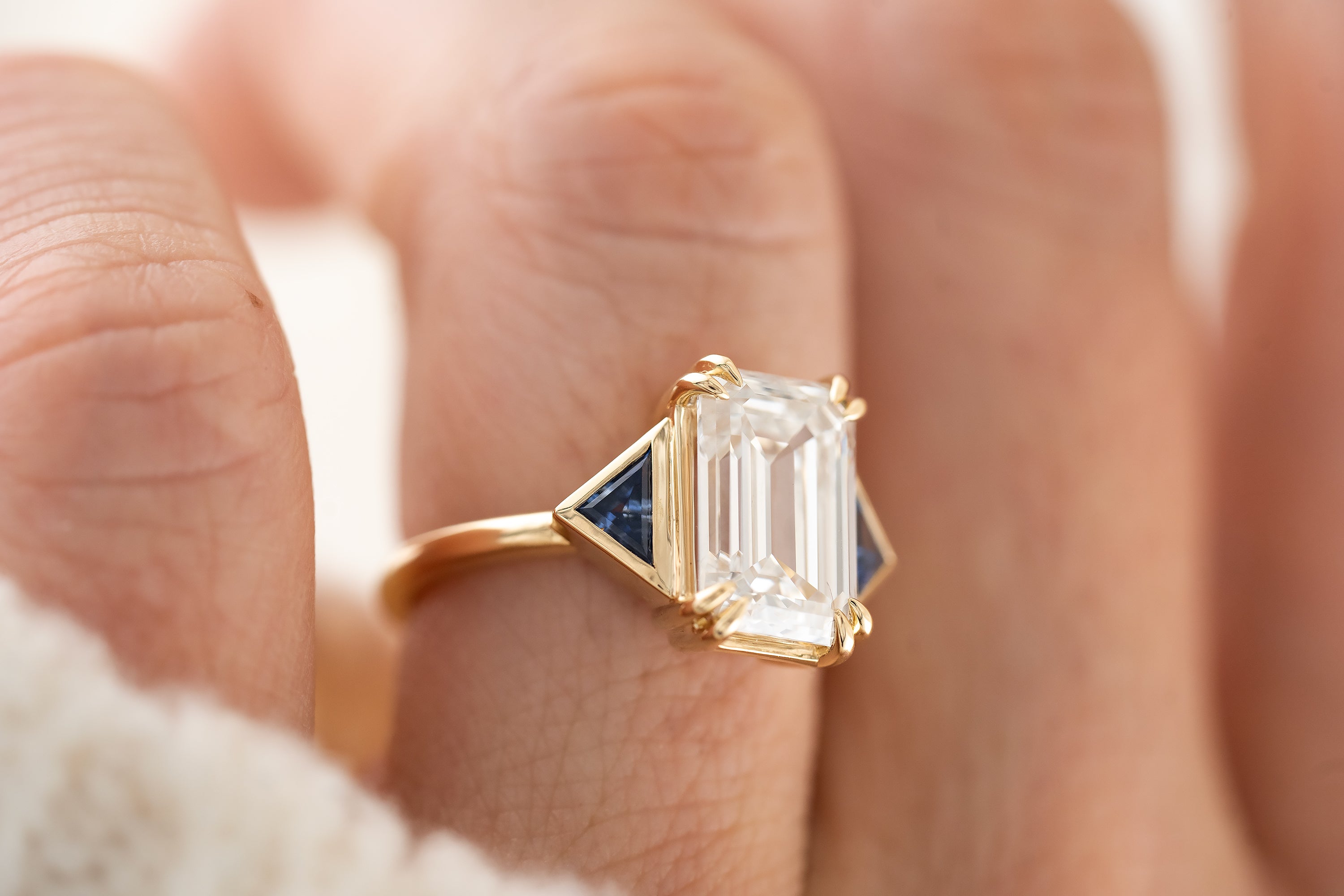 The Zelda Ring | 4.1 CT Emerald Cut Diamond + Royal Blue Sapphire - Lavender Creek Gems