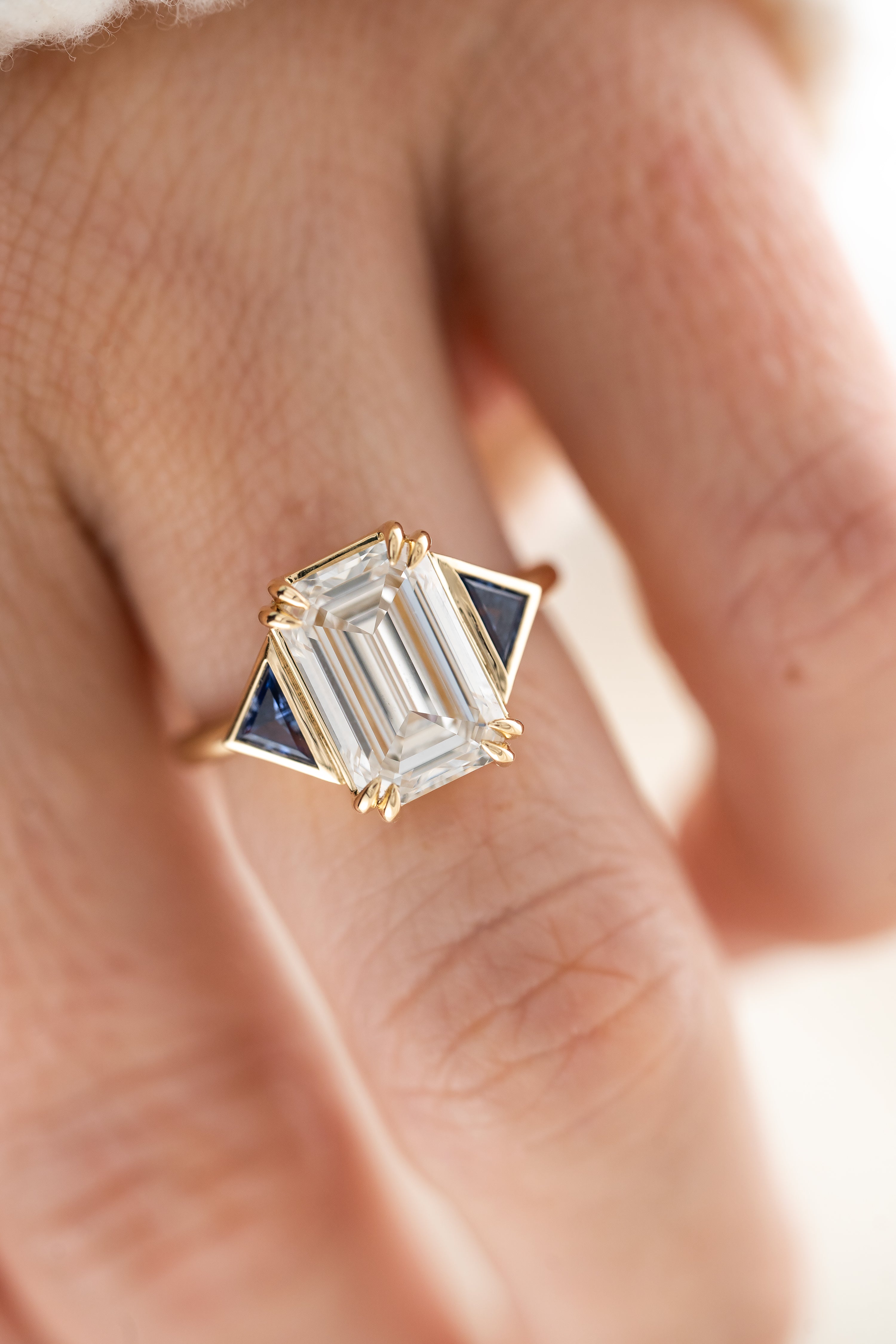 The Zelda Ring | 4.1 CT Emerald Cut Diamond + Royal Blue Sapphire - Lavender Creek Gems